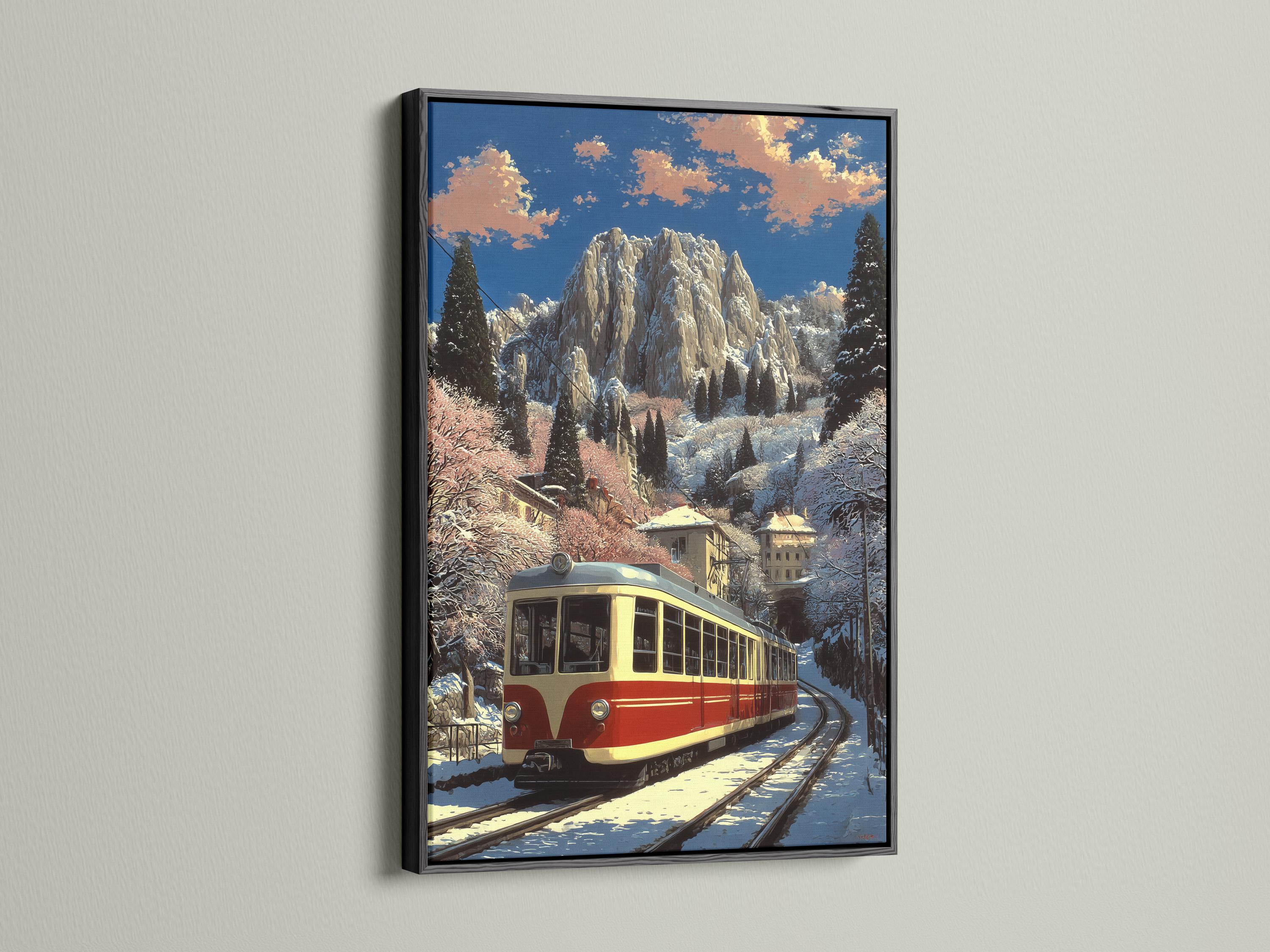 Winter mountain railway scene with a vintage train curving along snowy tracks detail view