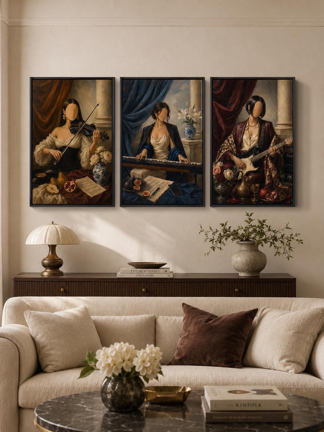 Three Renaissance-inspired faceless musician portraits with violin, keyboard and electric guitar detail view