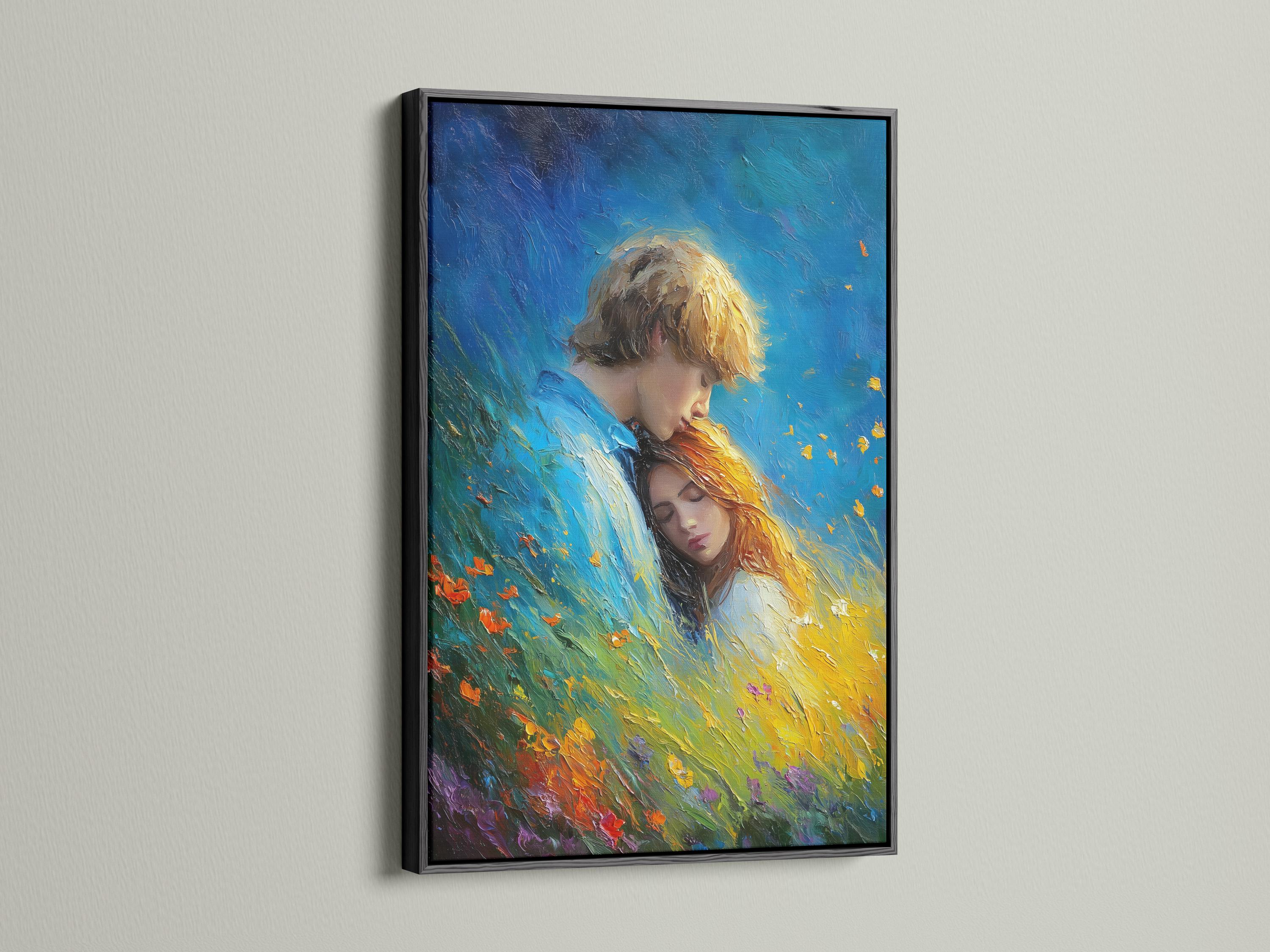 Painted romantic couple embracing in a blue field with warm yellow and gold highlights detail view