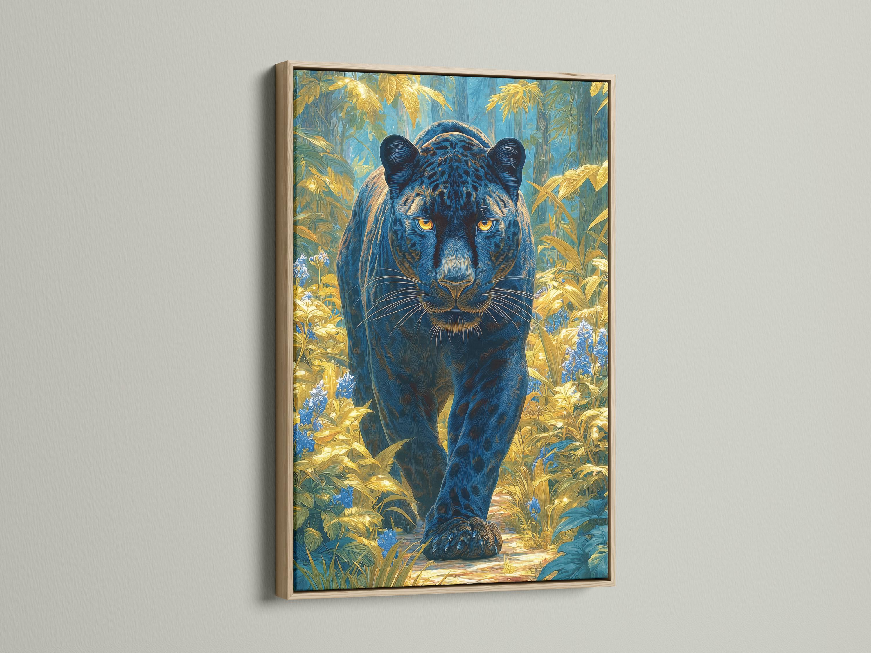 Stylised big cat with glowing golden eyes in a blue and gold jungle scene detail view