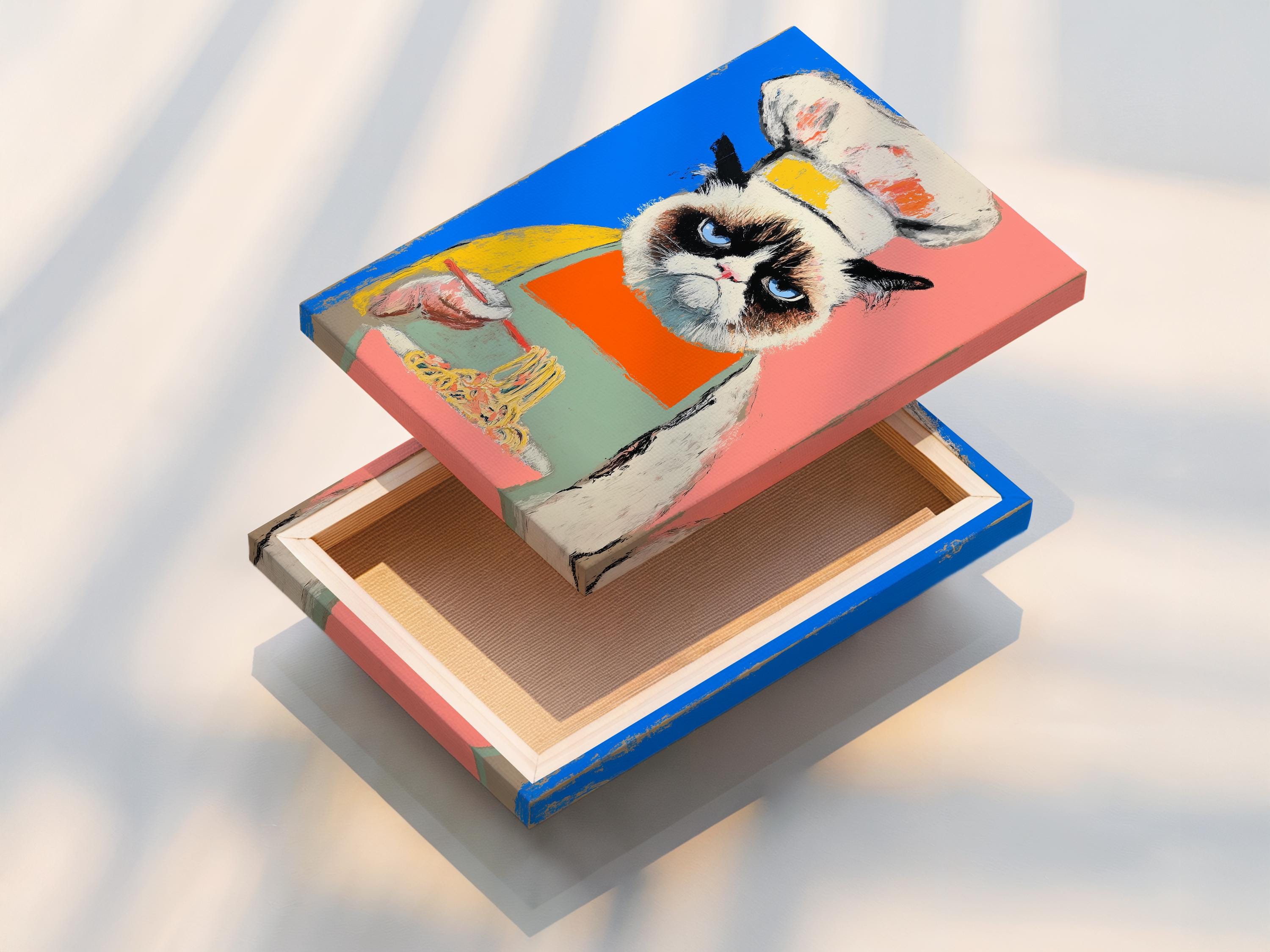 Grumpy cat chef pop art portrait with blue and pink background and a noodle bowl detail view
