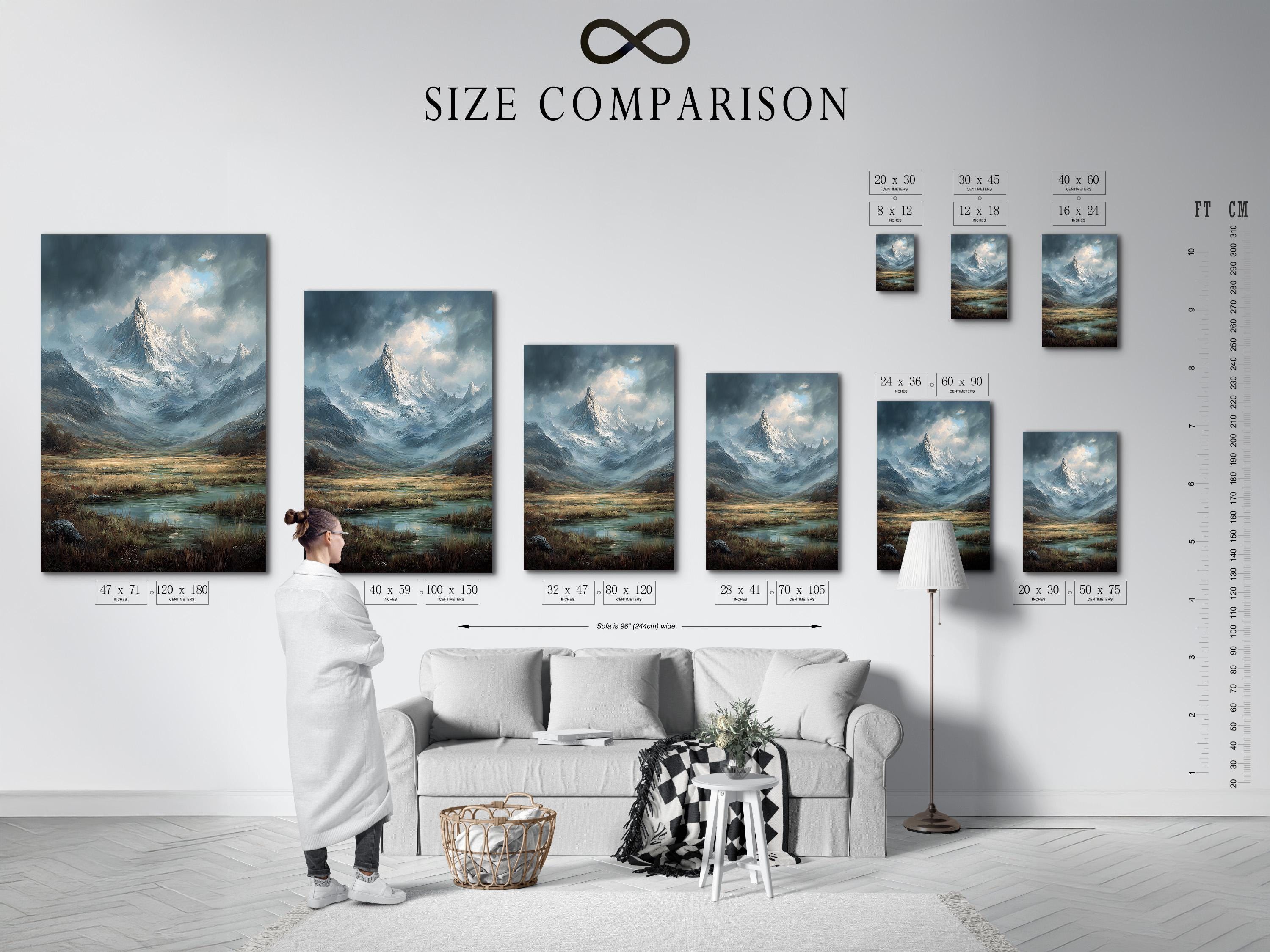 Room mockup showing a framed mountain landscape artwork on a wall