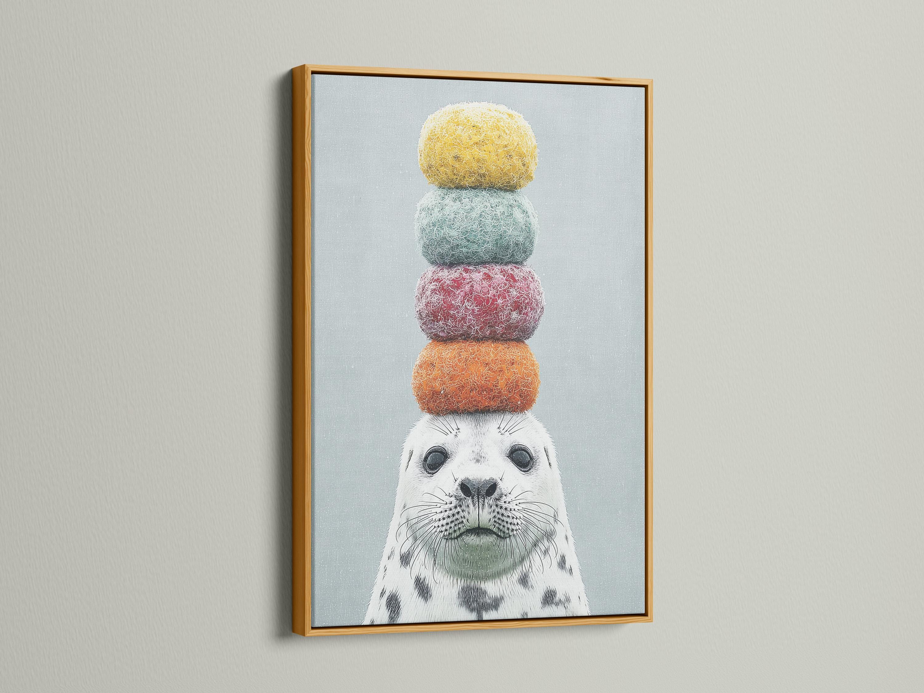 Seal wall art mockup with stacked pastel pom-pom balls