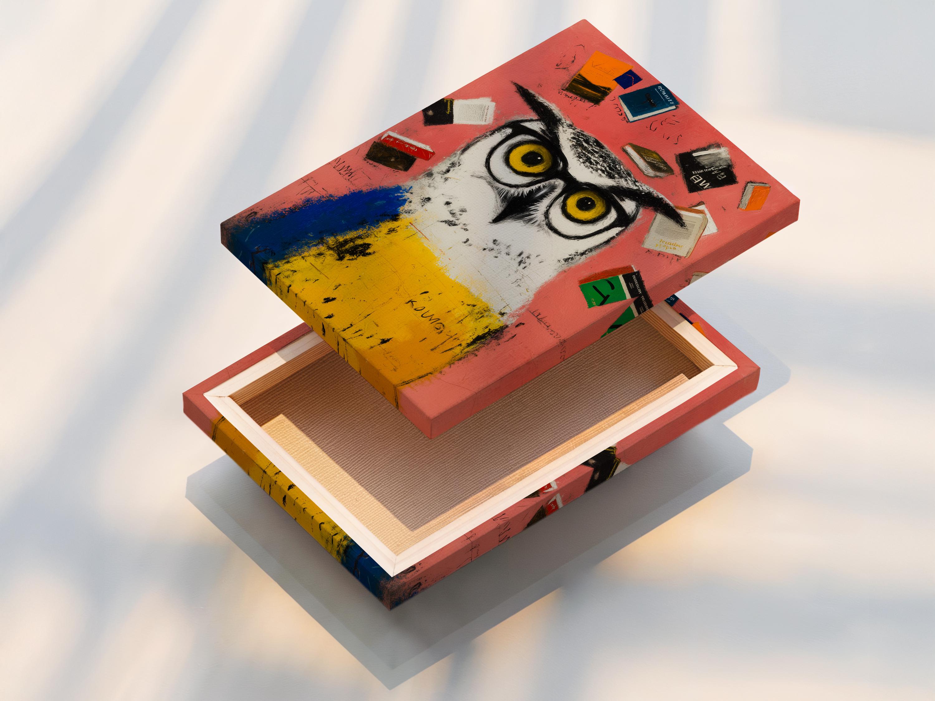 Stylised owl with large yellow eyes surrounded by illustrated books on a coral, blue and yellow background detail view