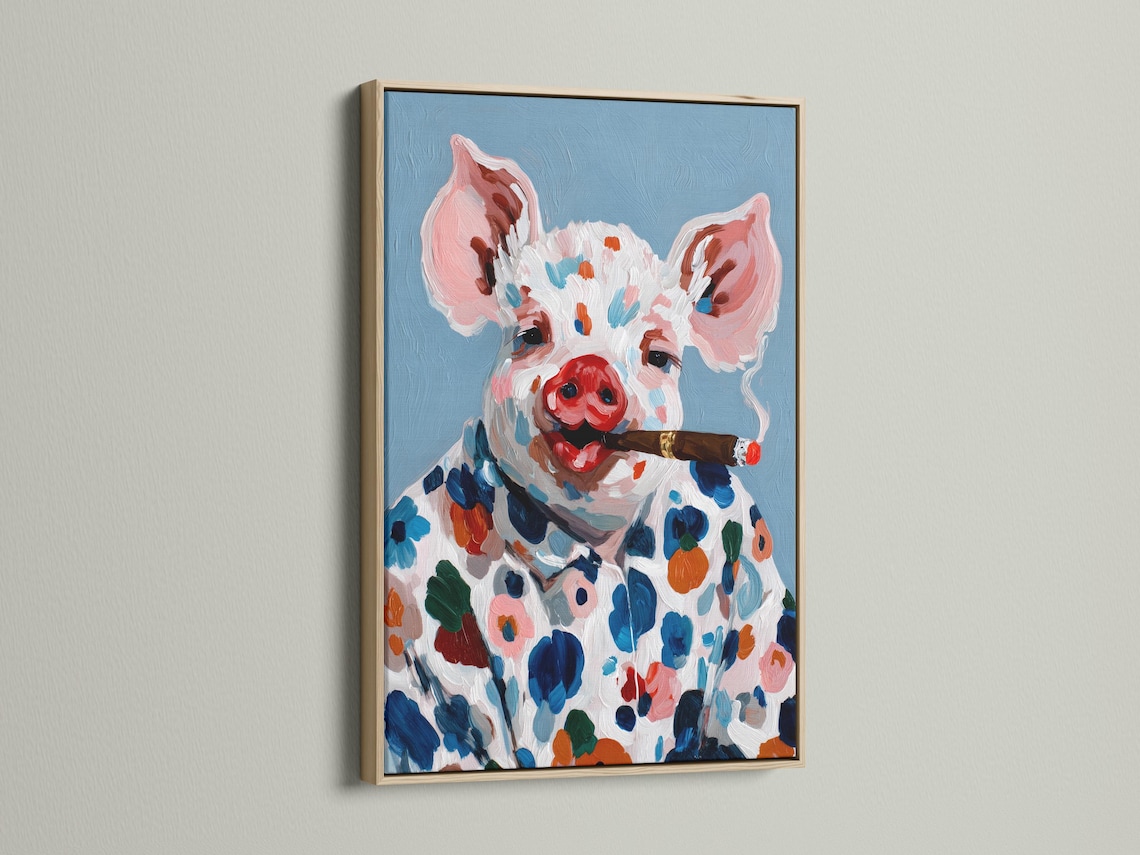 Painted pig portrait holding a cigar, with colourful floral and leaf shapes on a blue background detail view