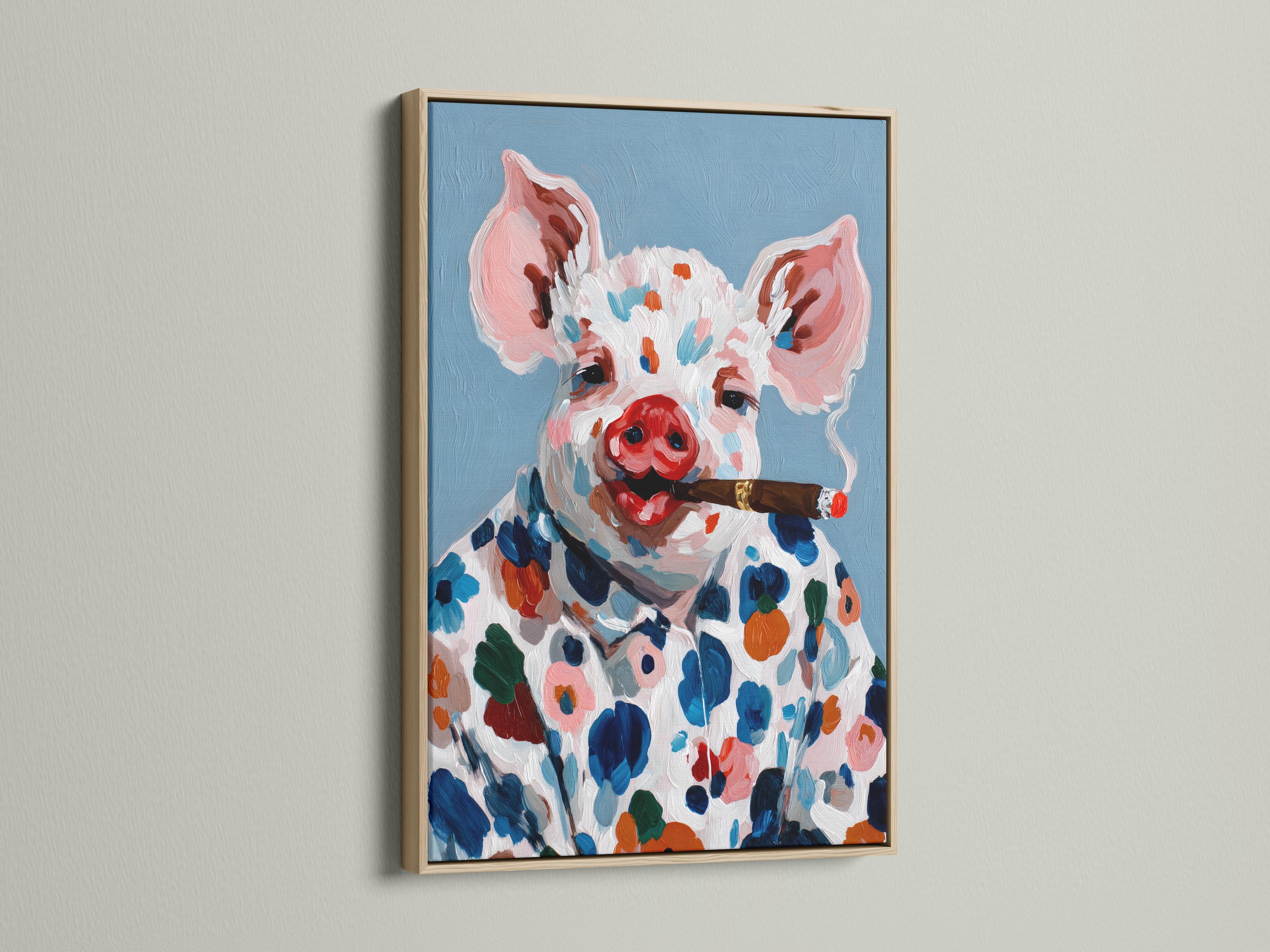 Painted pig portrait holding a cigar, with colourful floral and leaf shapes on a blue background detail view