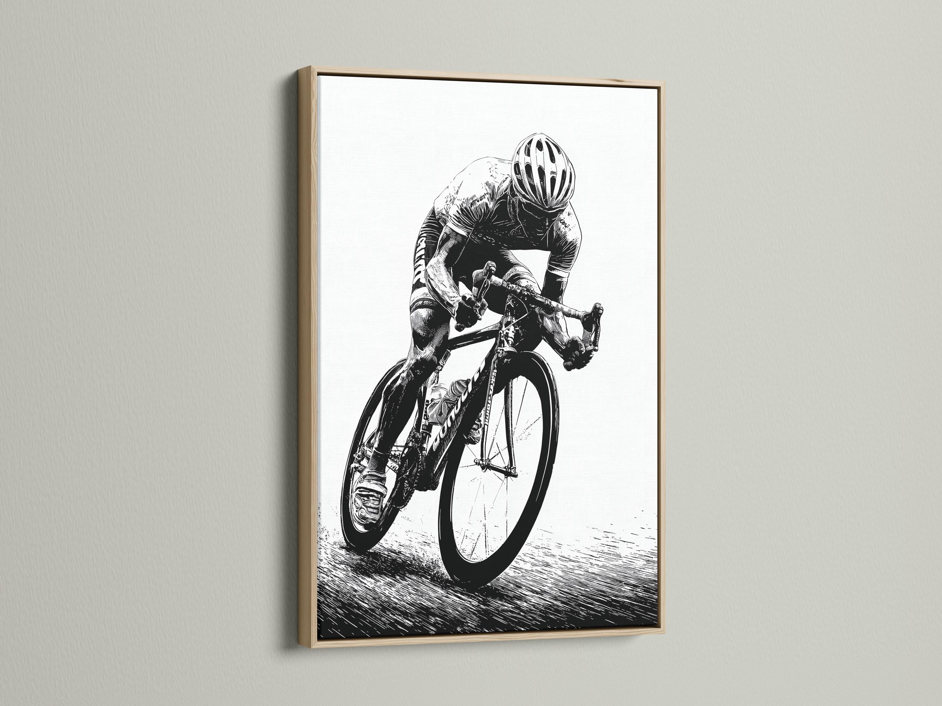 Room mockup showing a framed black and white cyclist illustration on a wall