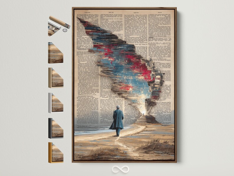 Man walking toward a bright light on a sandy beach with aged dictionary text background