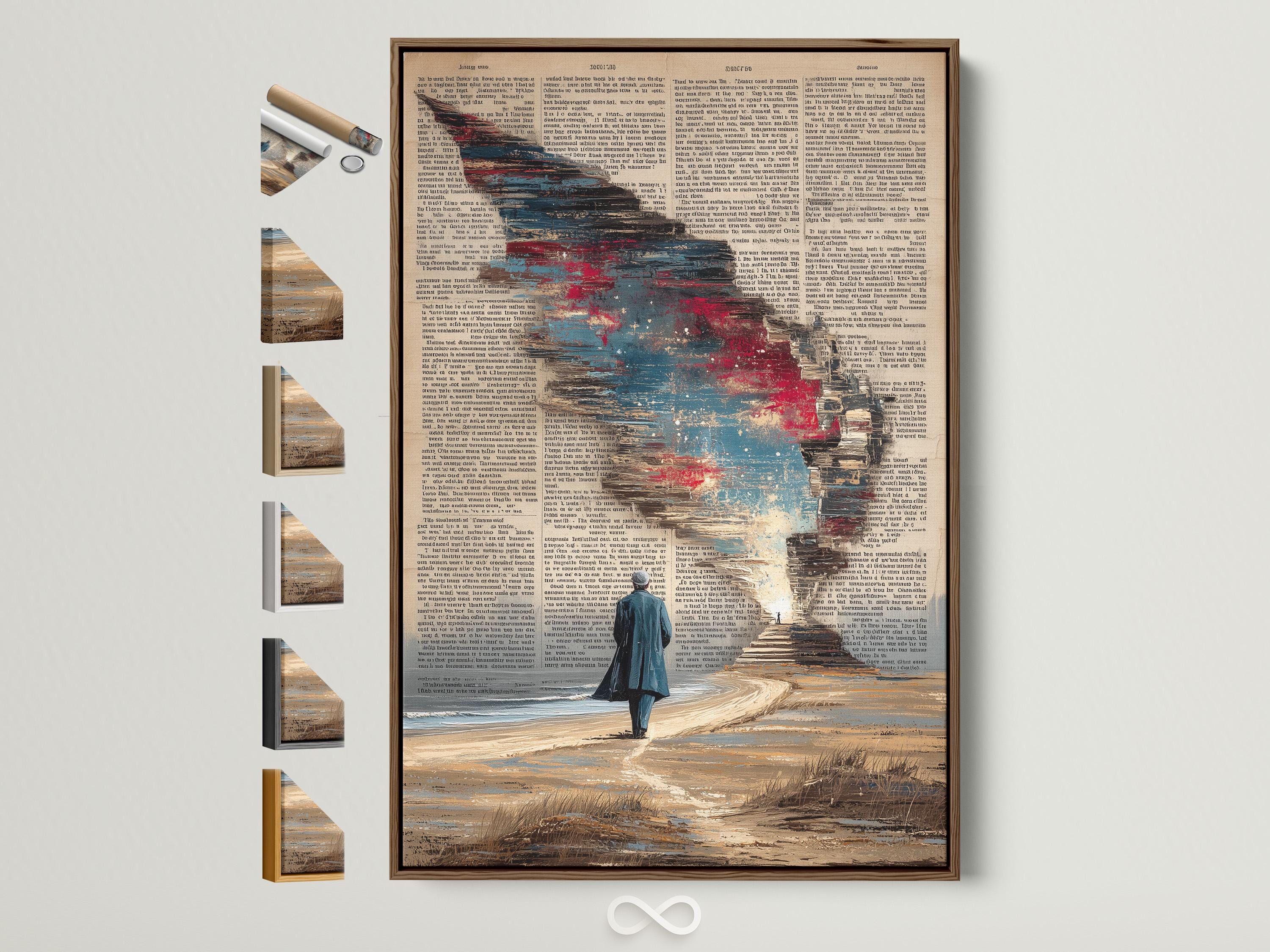 Man walking toward a bright light on a sandy beach with aged dictionary text background