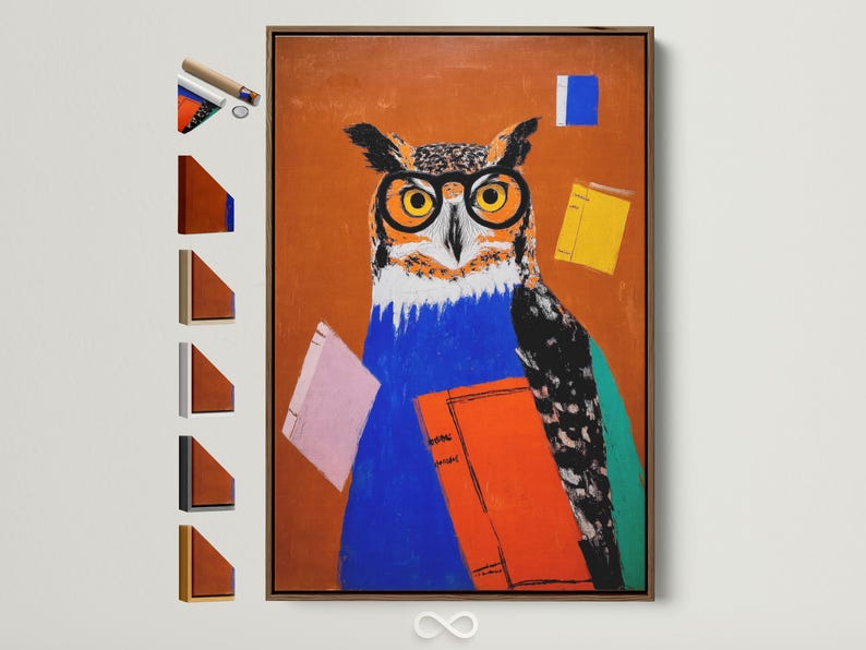 Stylised owl wearing large round glasses, holding colourful books on a warm orange background