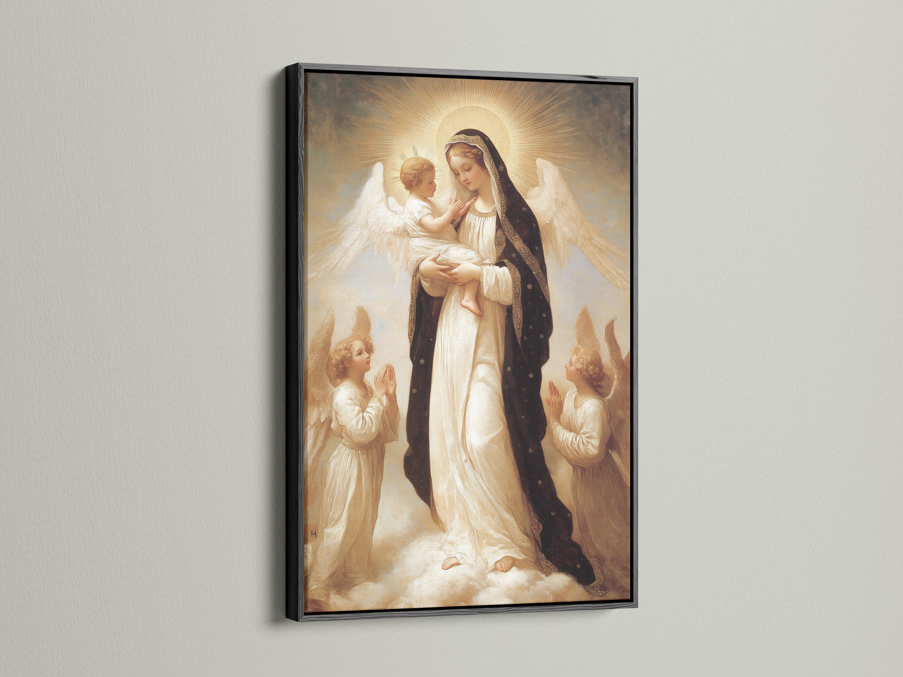 Portrait religious painting of a haloed woman holding a child with angel wings and praying figures detail view