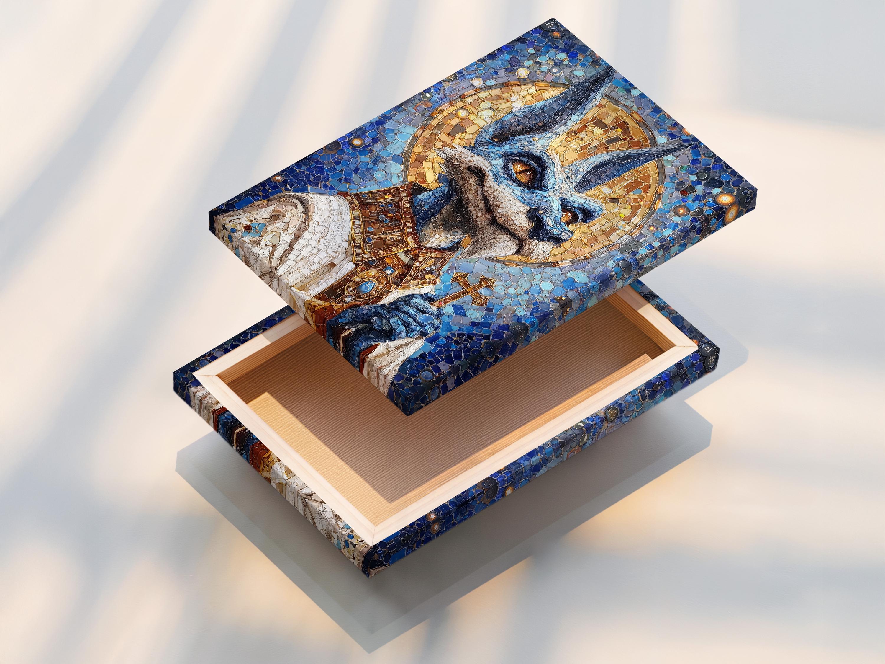 Blue and gold mosaic jackal figure with sparkling highlights detail view
