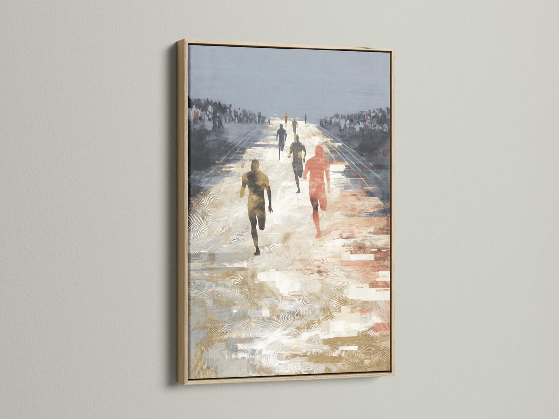 Stylised running scene with several runners on a sunlit path, beige and gold tones against blue-grey haze detail view