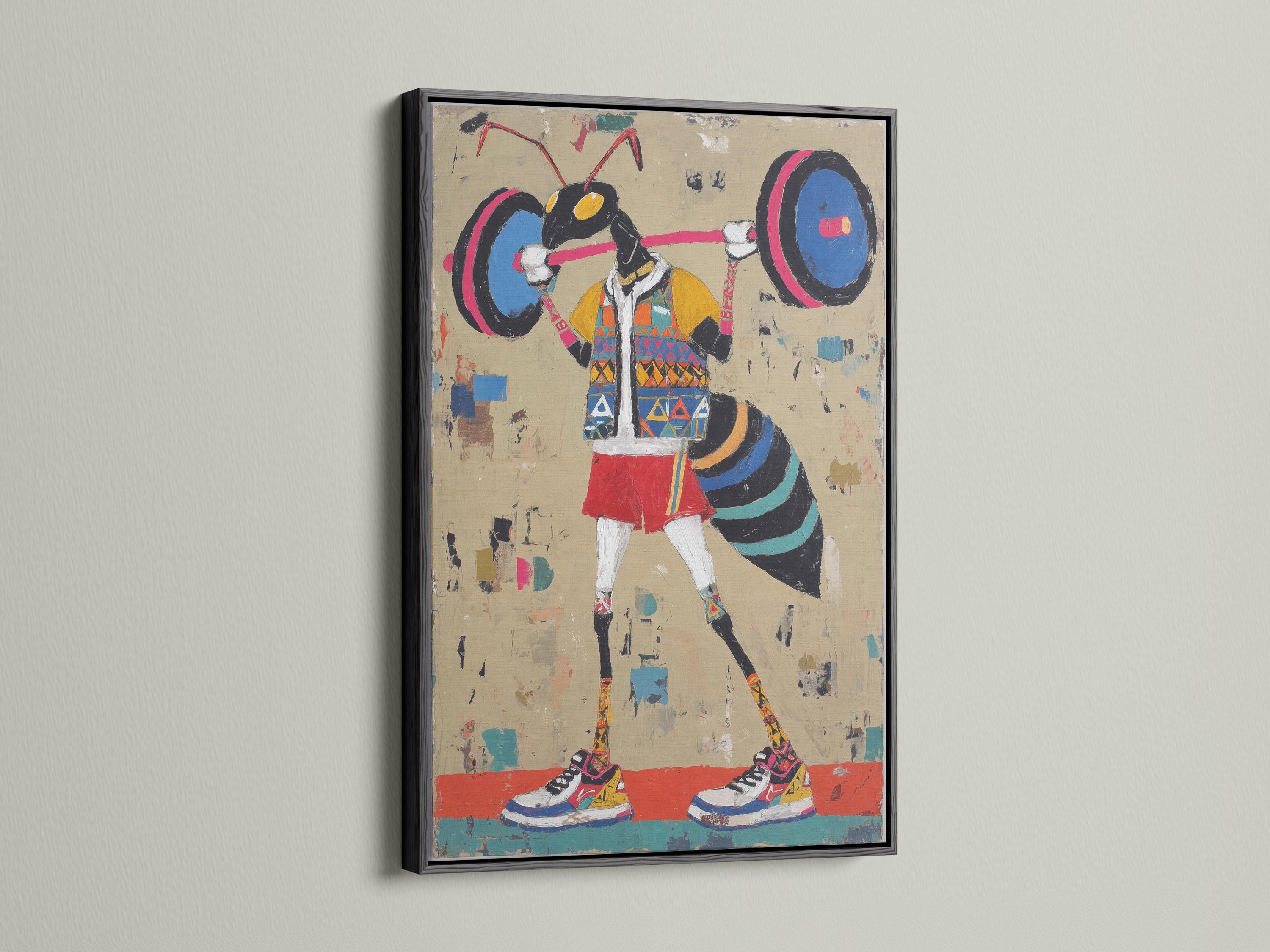 Stylised weightlifter lifting a barbell with large weight plates on a beige paint-splattered background detail view