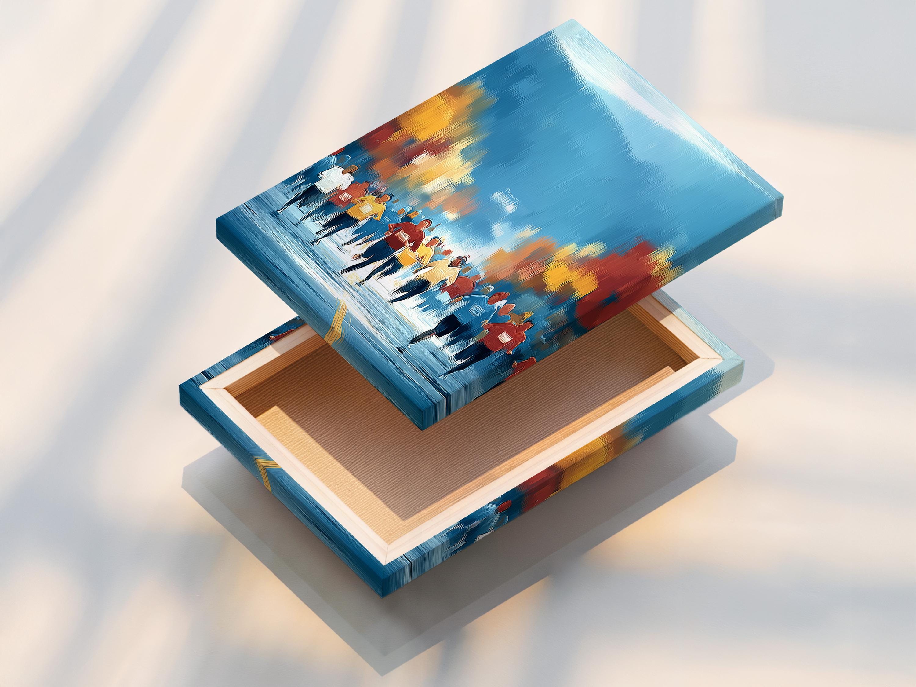 Stylised painting of runners in blue with warm gold horizon light and reflective foreground detail view
