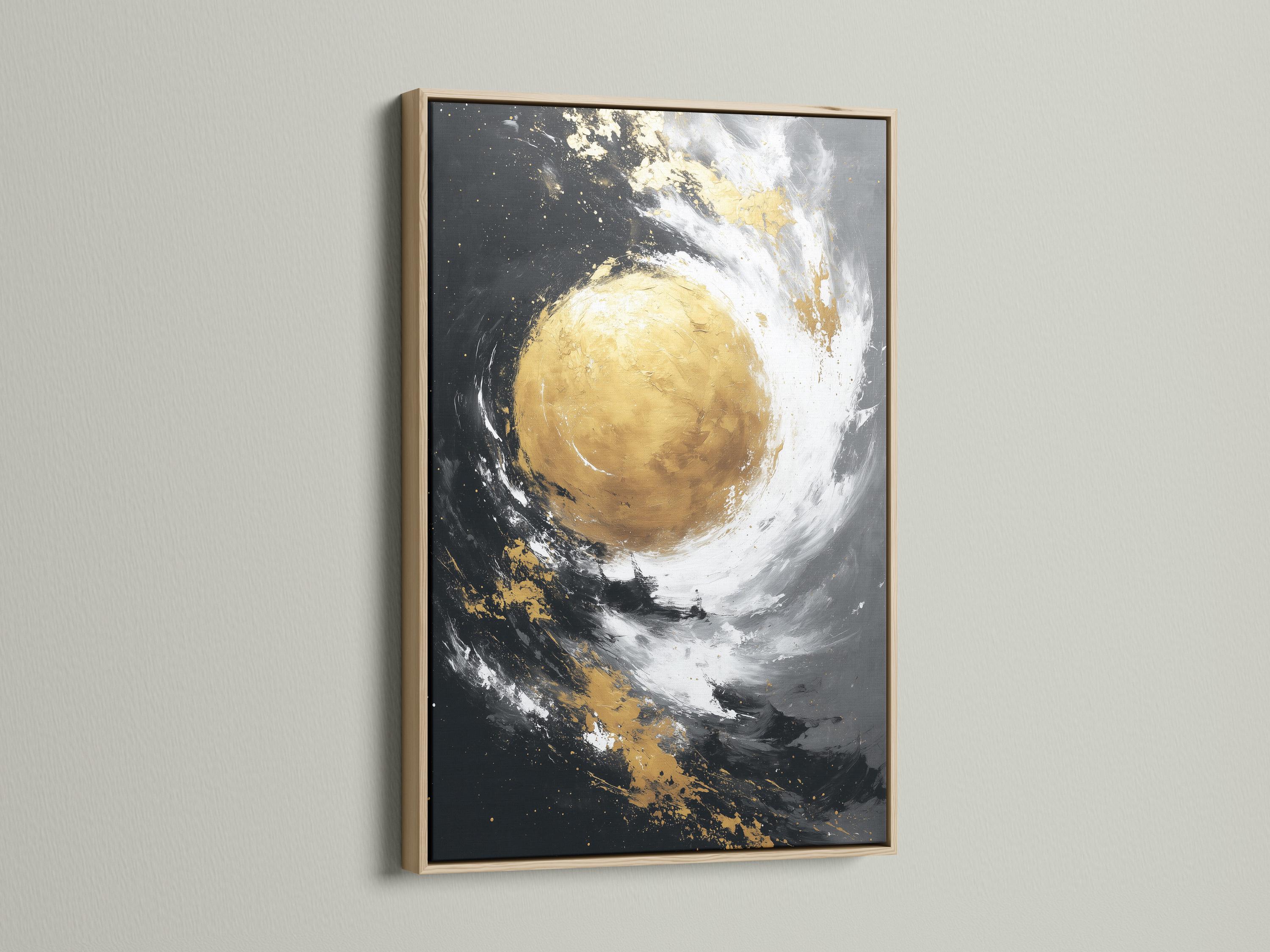 Abstract gold circle with white swirling arcs on a dark charcoal background detail view