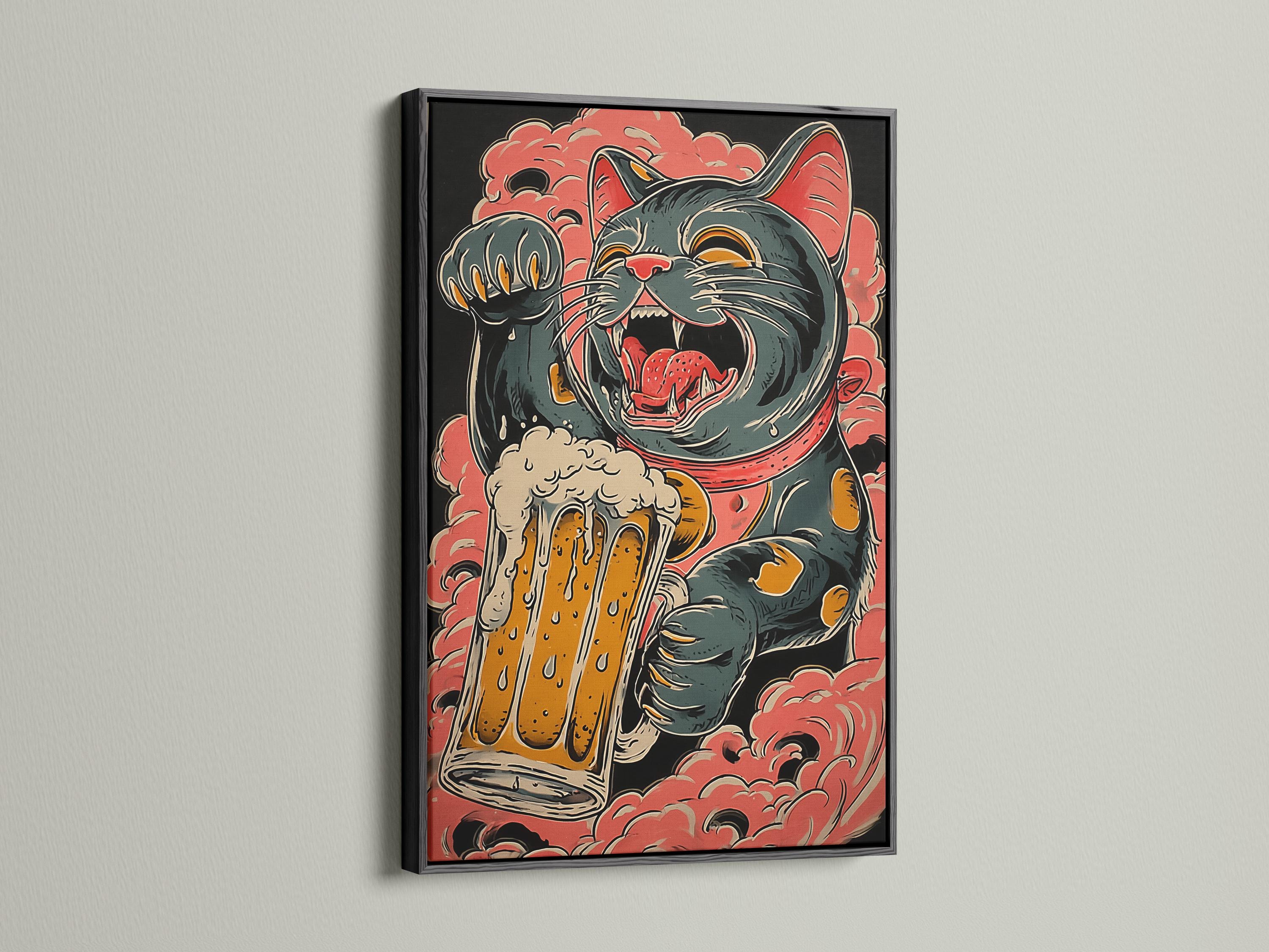 Stylised retro cat illustration with red cloud shapes and orange foamy splash details detail view