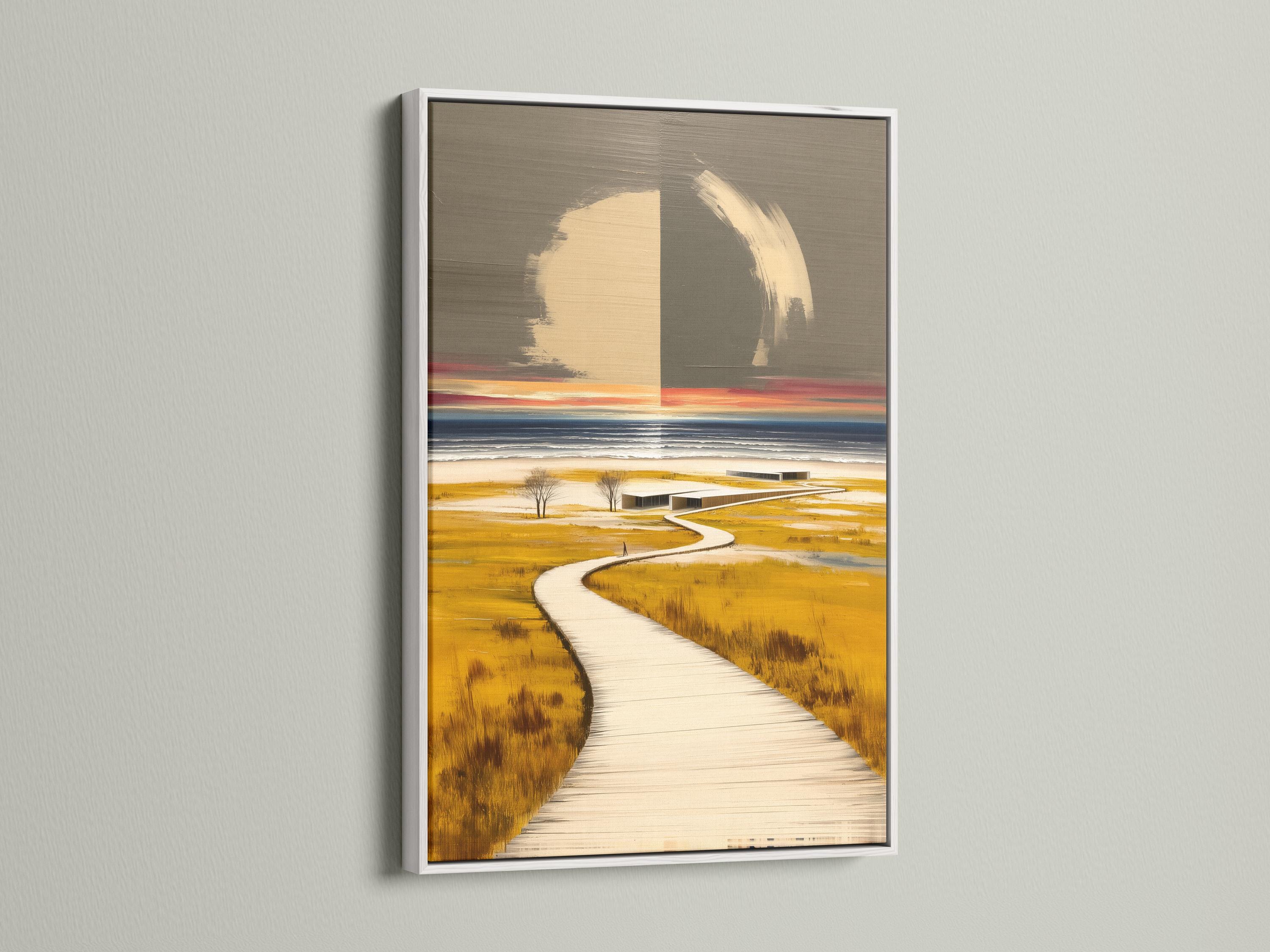 Minimalist coastal seascape showing a winding boardwalk path to the sea in beige and grey tones detail view