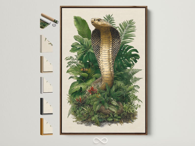 Coiled snake with patterned scales surrounded by dense green jungle leaves and small red flower accents