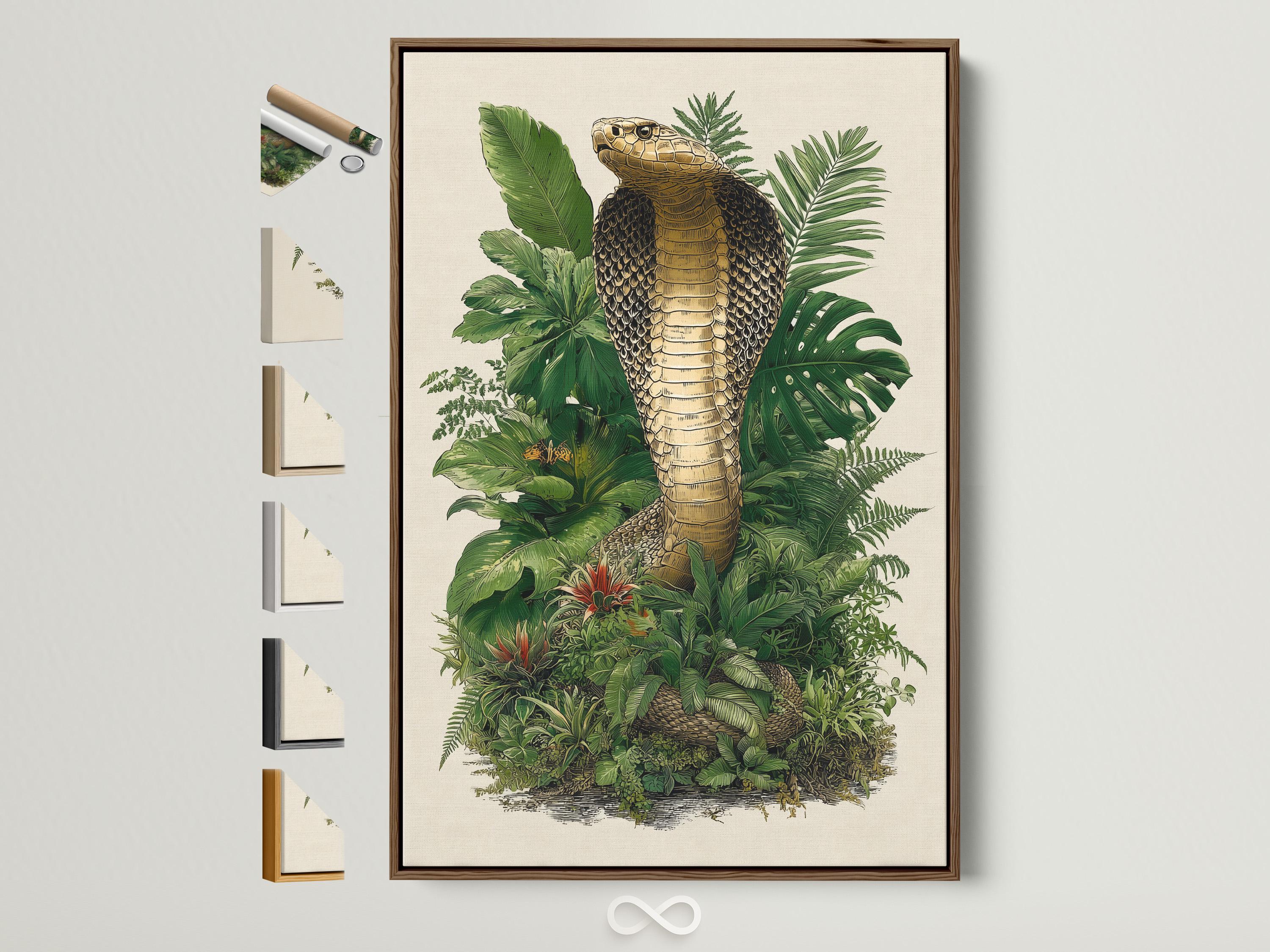 Coiled snake with patterned scales surrounded by dense green jungle leaves and small red flower accents