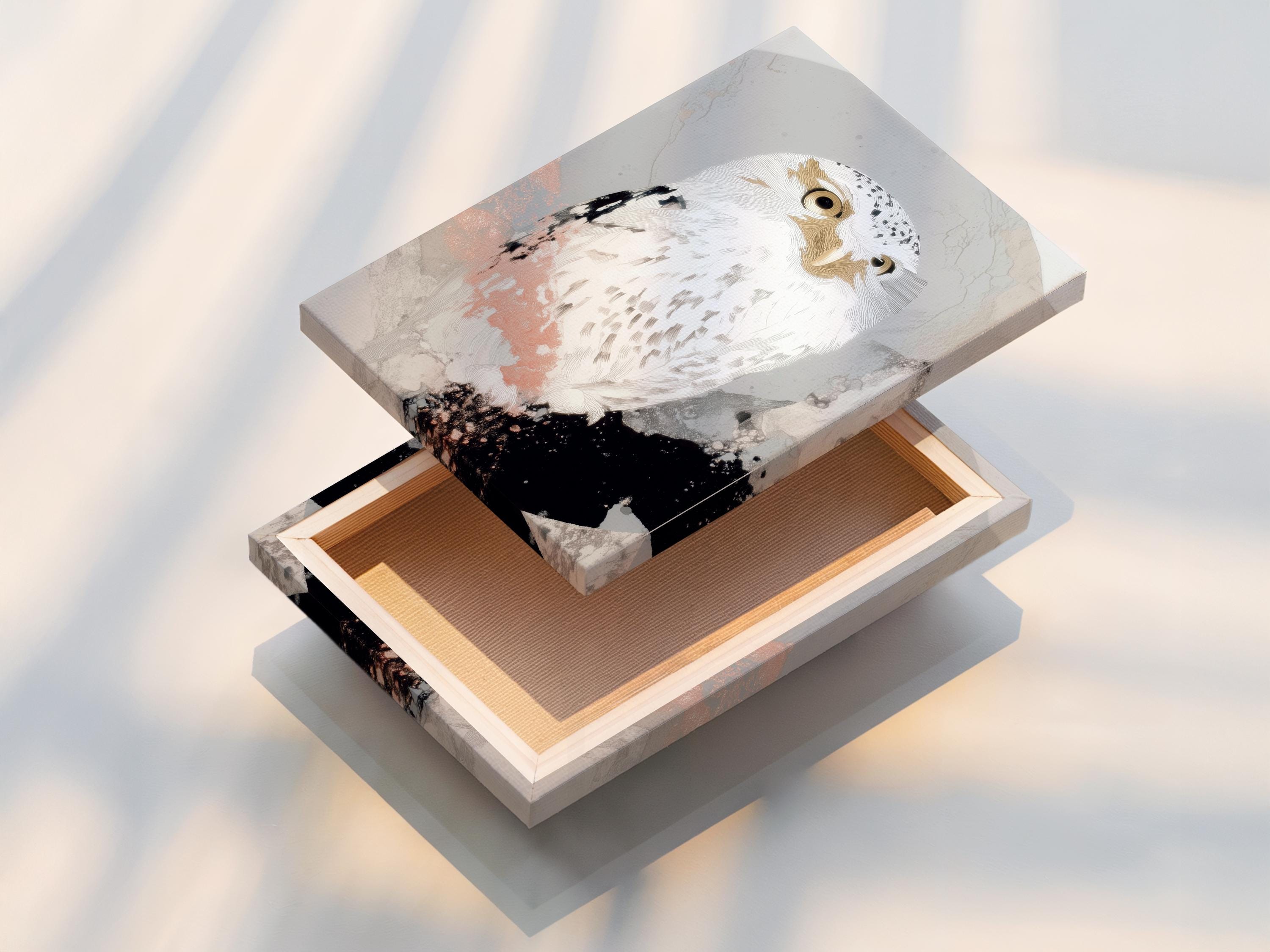 Neutral abstract owl portrait artwork with beige feathers and black speckled accents detail view
