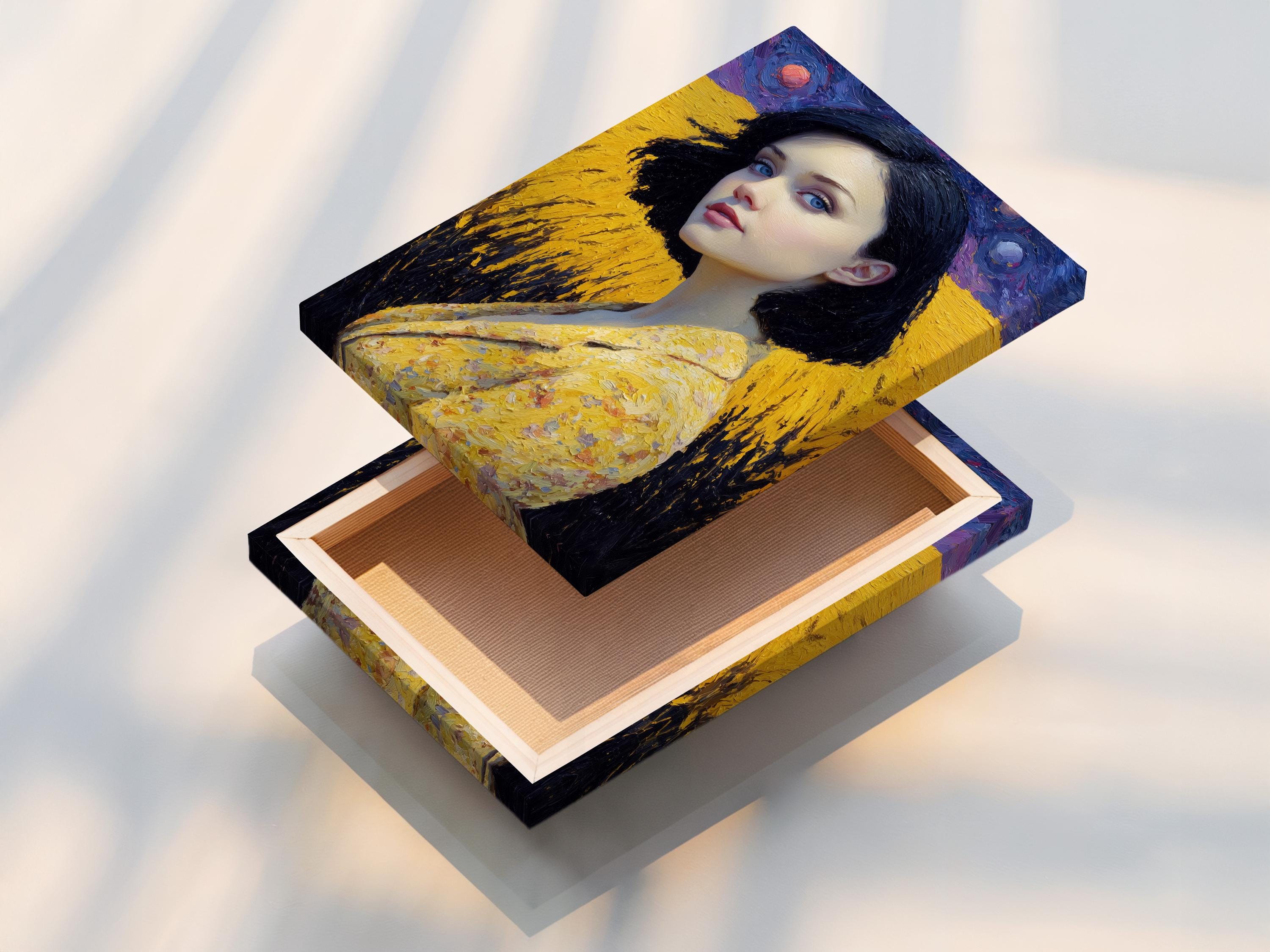 Stylised portrait of a woman with blue eyes in warm gold tones against a swirling purple starry sky detail view