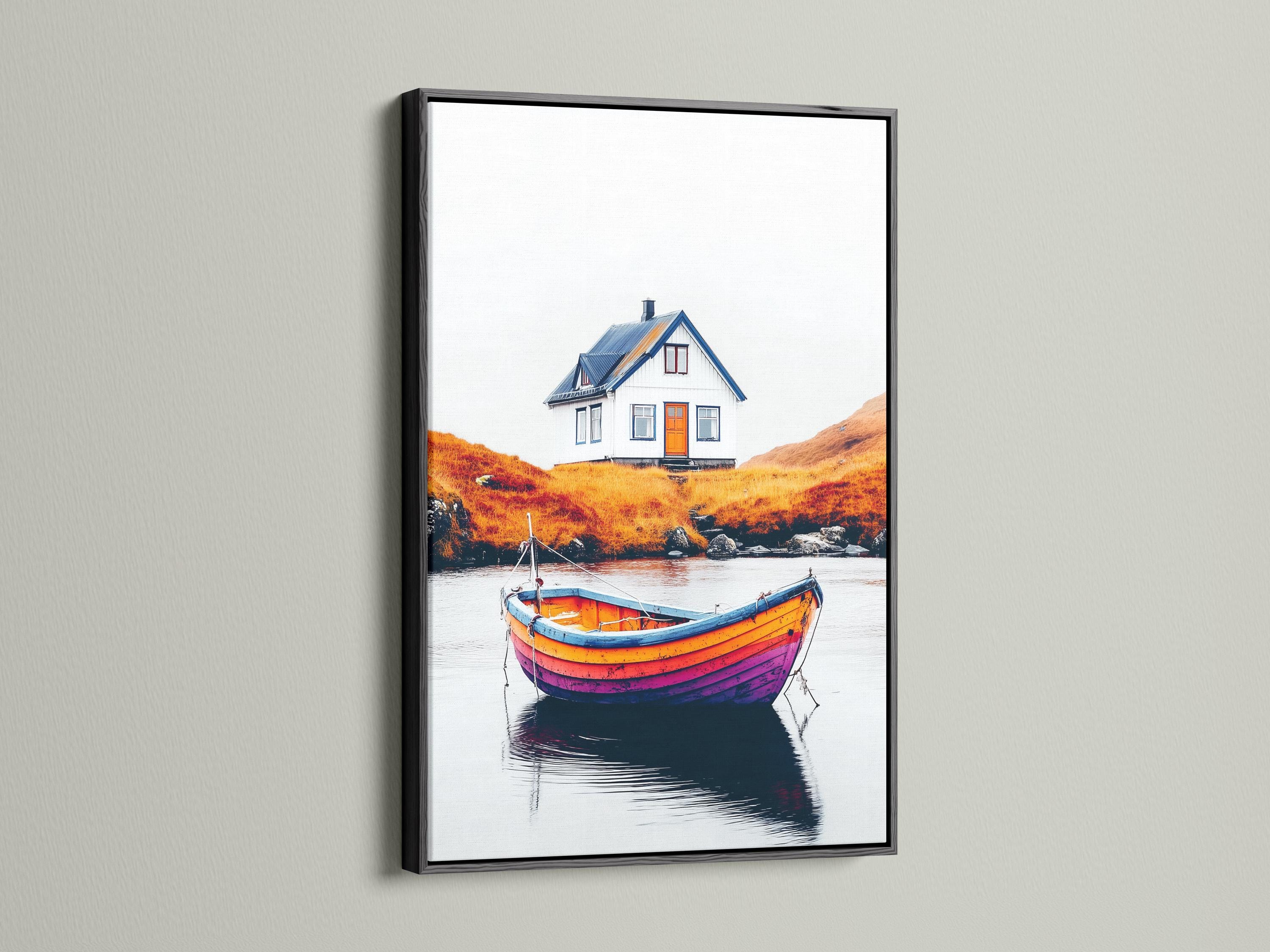 A blue-and-orange house sits above a calm lake with a brightly painted striped boat in the foreground, mirrored on the water detail view