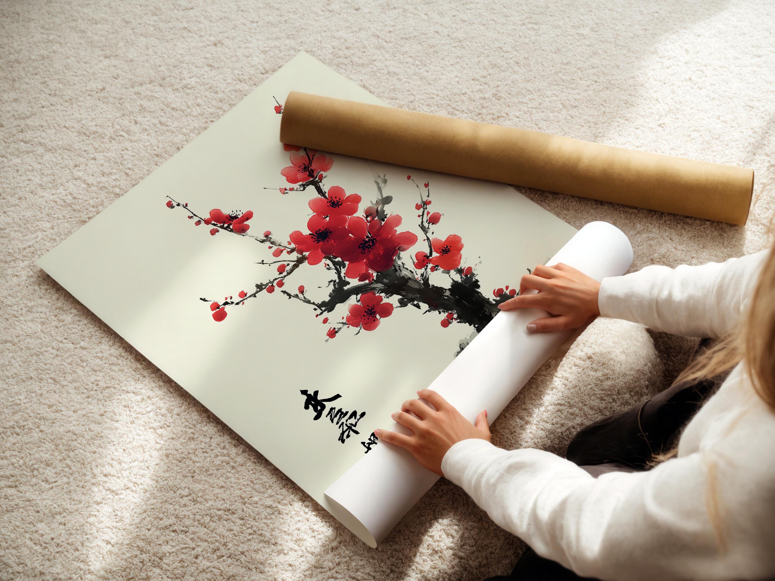 Red plum blossom flowers on dark ink branches with vertical calligraphy and a red seal stamp detail view