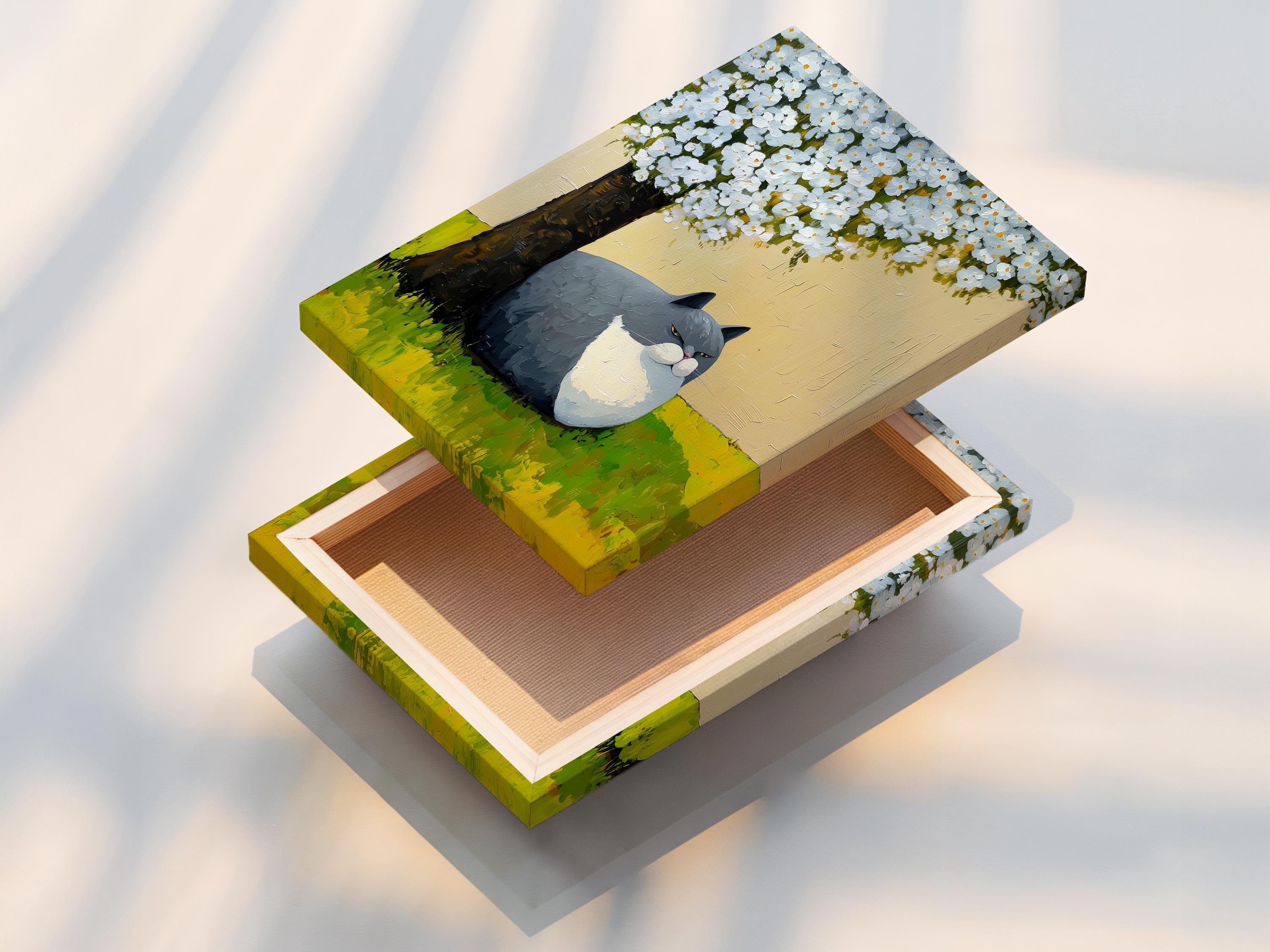 Grey and white cat lying on green grass beneath a tree with white blossoms detail view