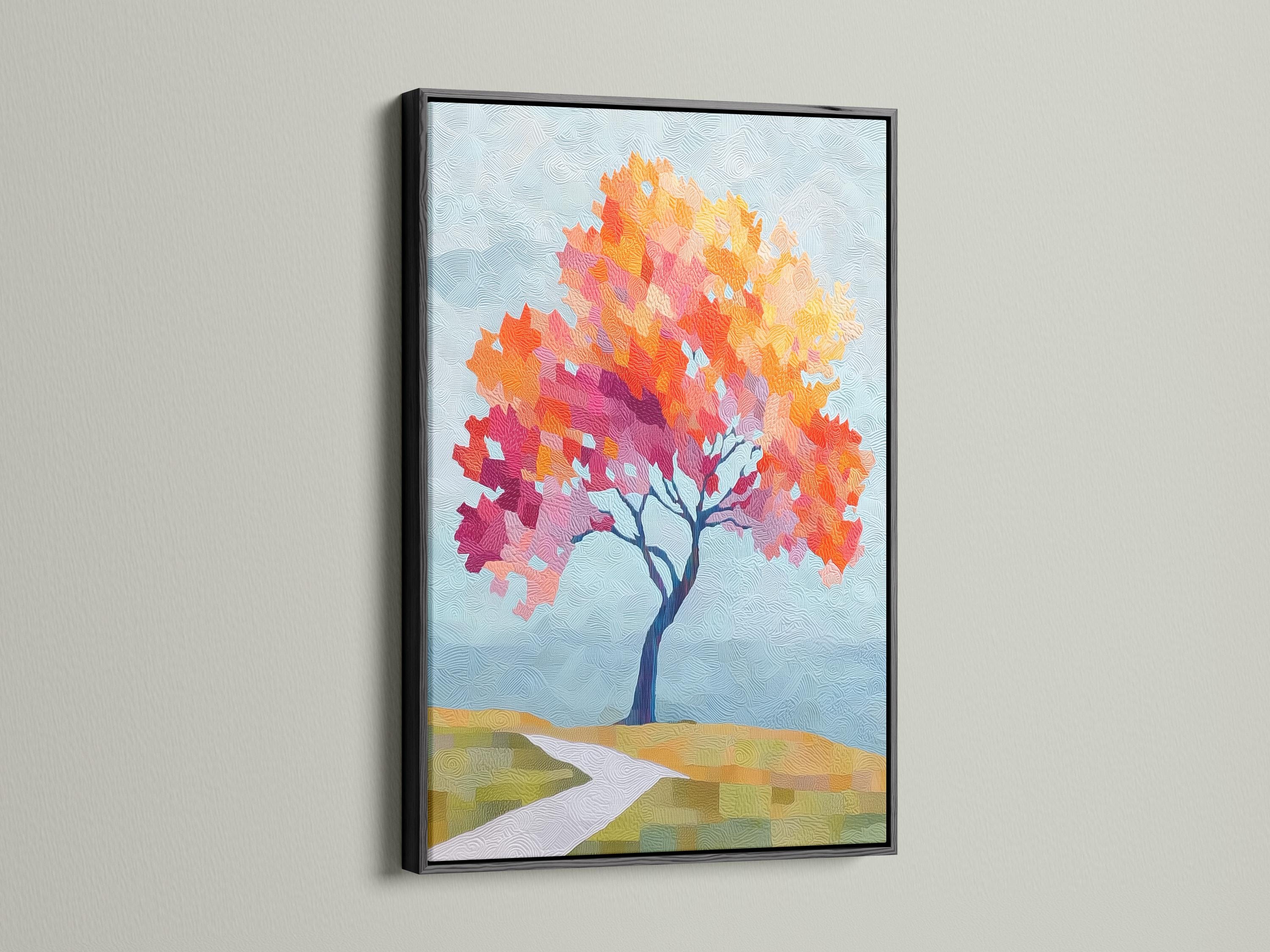 Stylised autumn tree artwork with orange, yellow and pink foliage on a textured blue background detail view