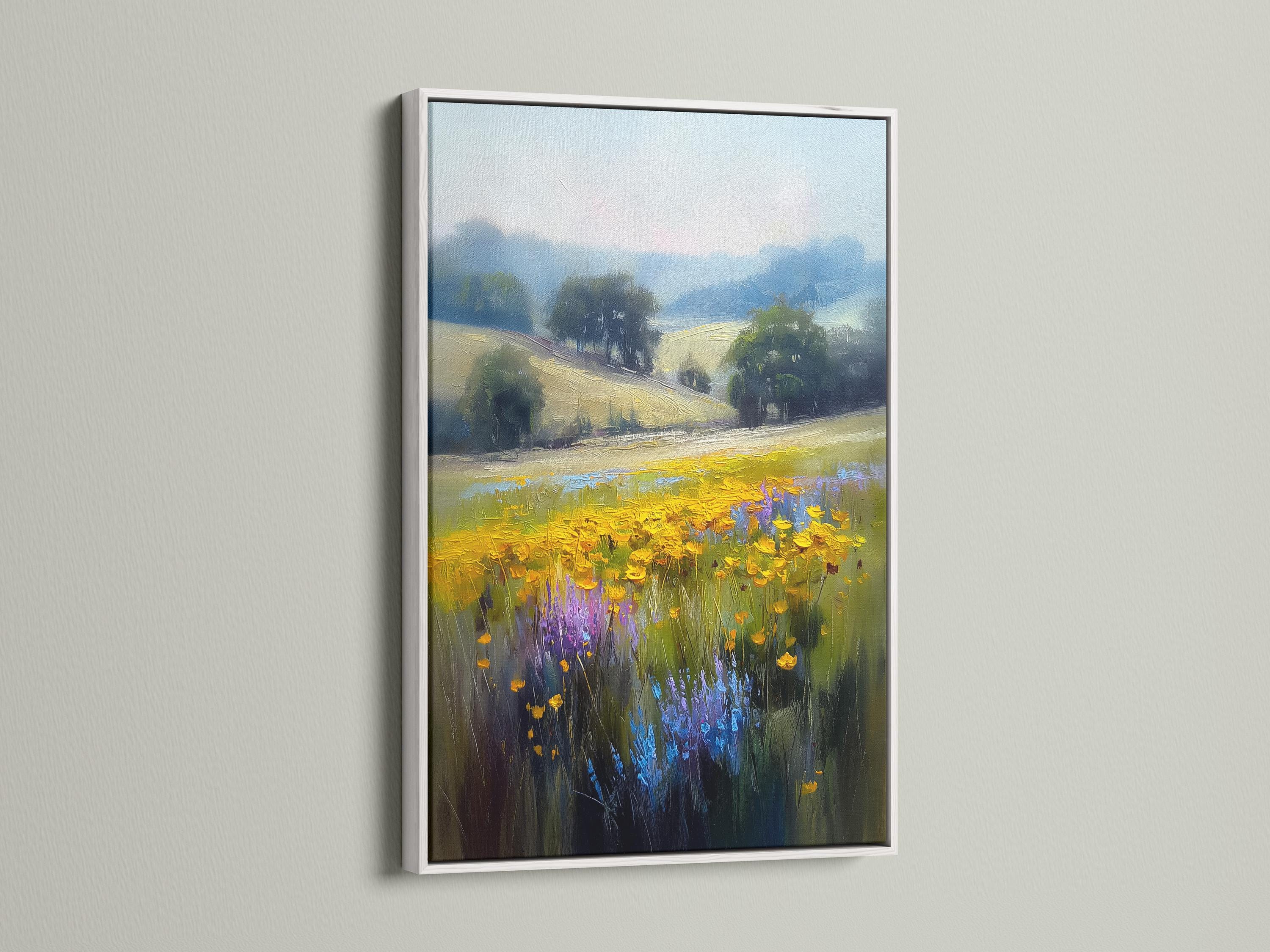 Impressionist meadow landscape with yellow flowers, green grasses and a blue cloudy sky detail view