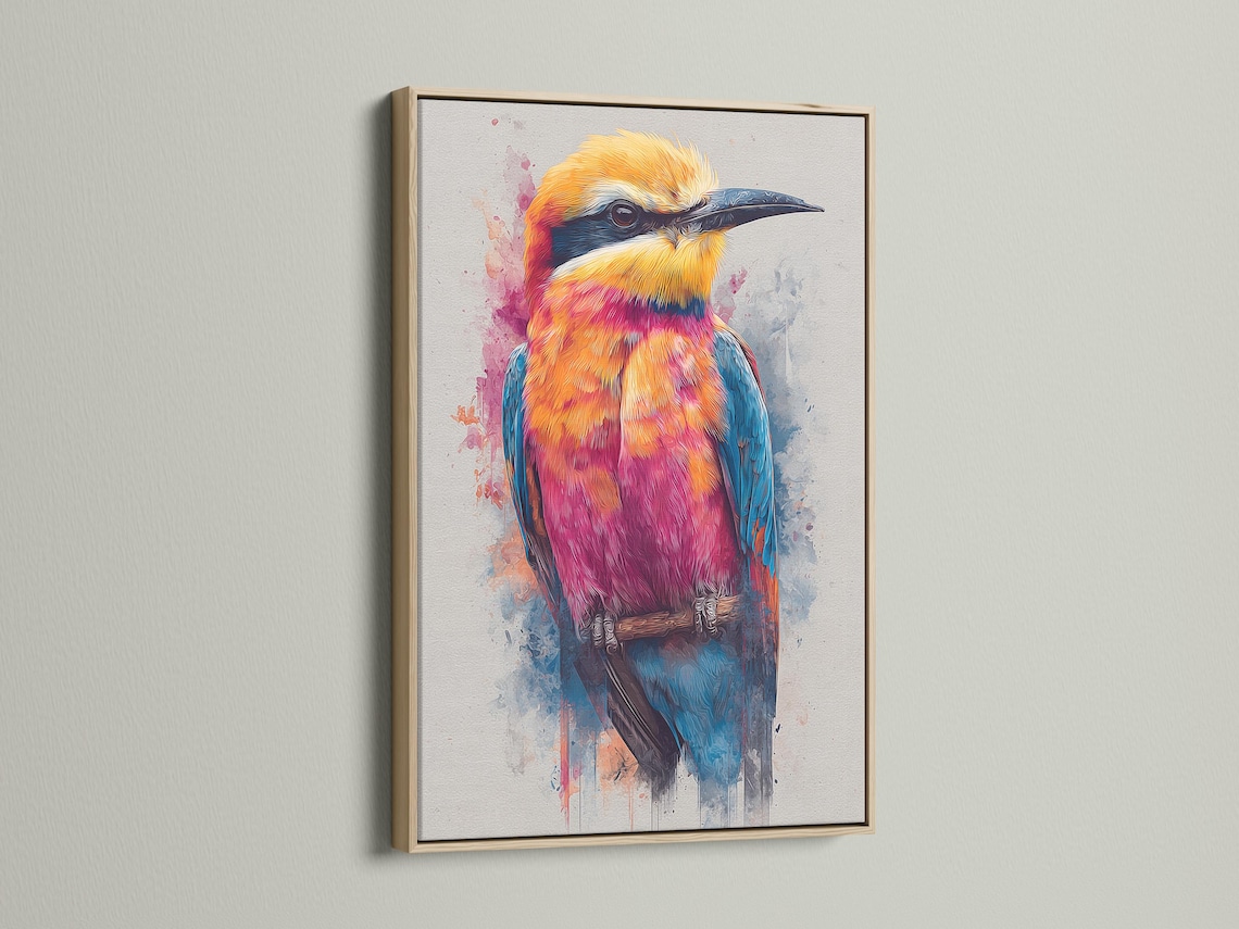 Colourful stylised bird in orange, pink and turquoise with splatter washes on a light background detail view