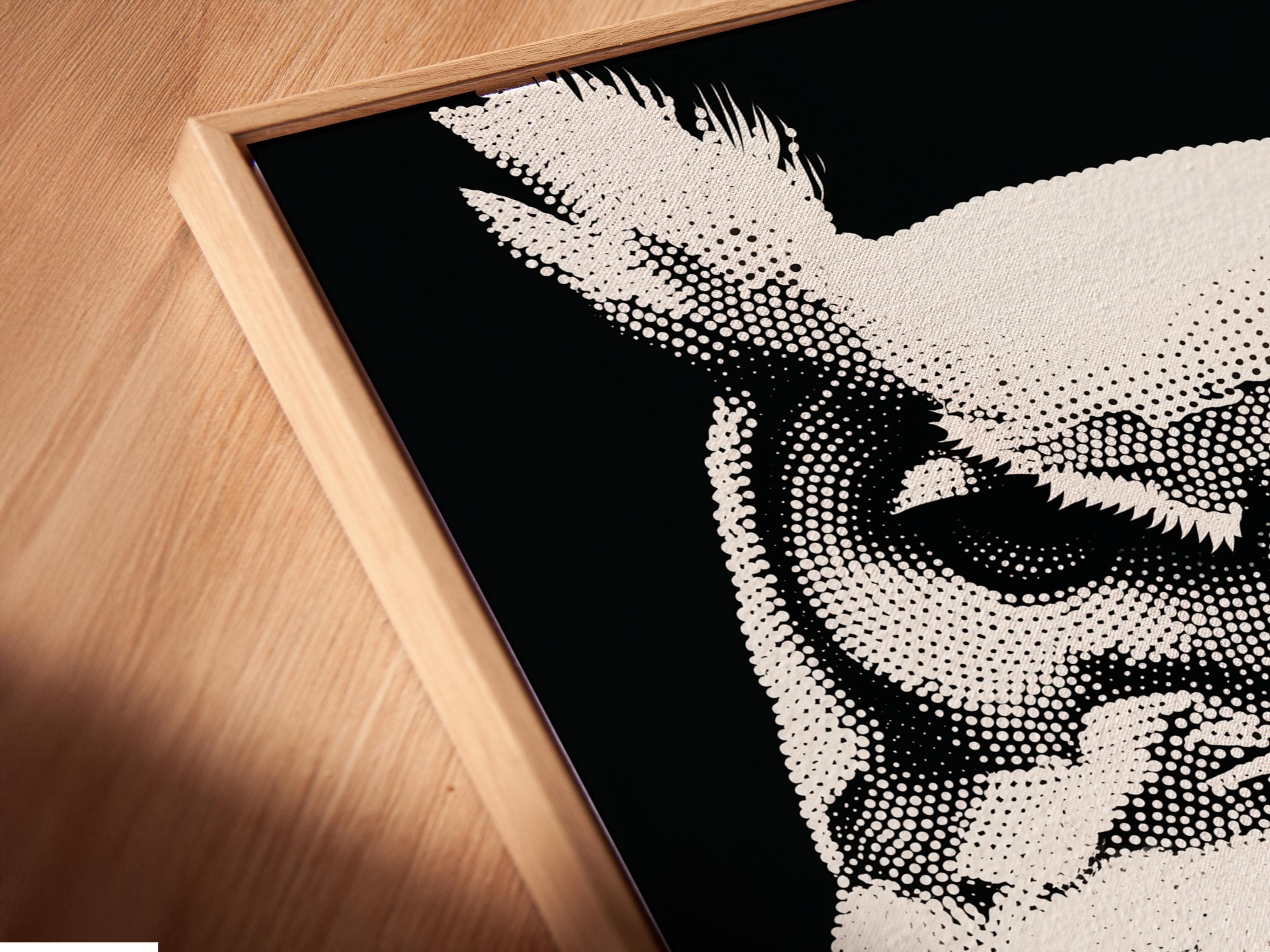 Black and white owl portrait made from dense dotted patterning detail view