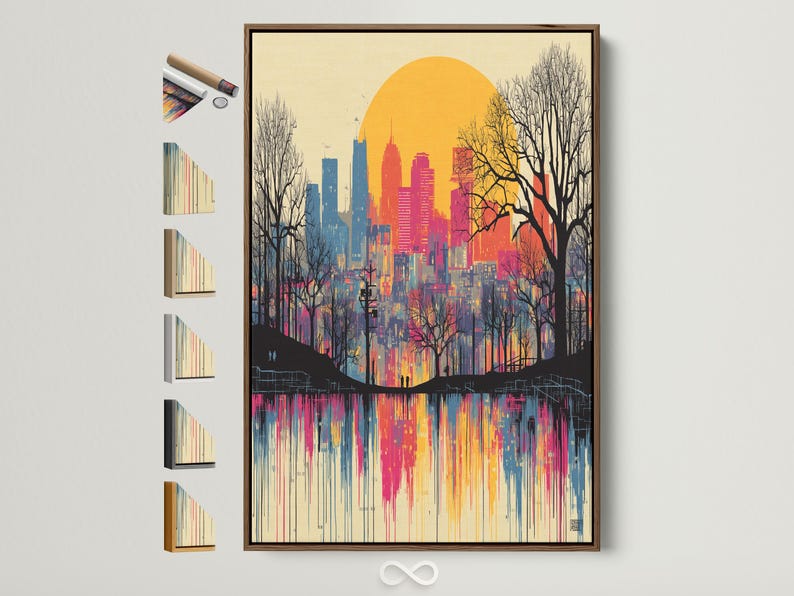 Sunset city skyline artwork in pink and blue with leafless trees and reflective water