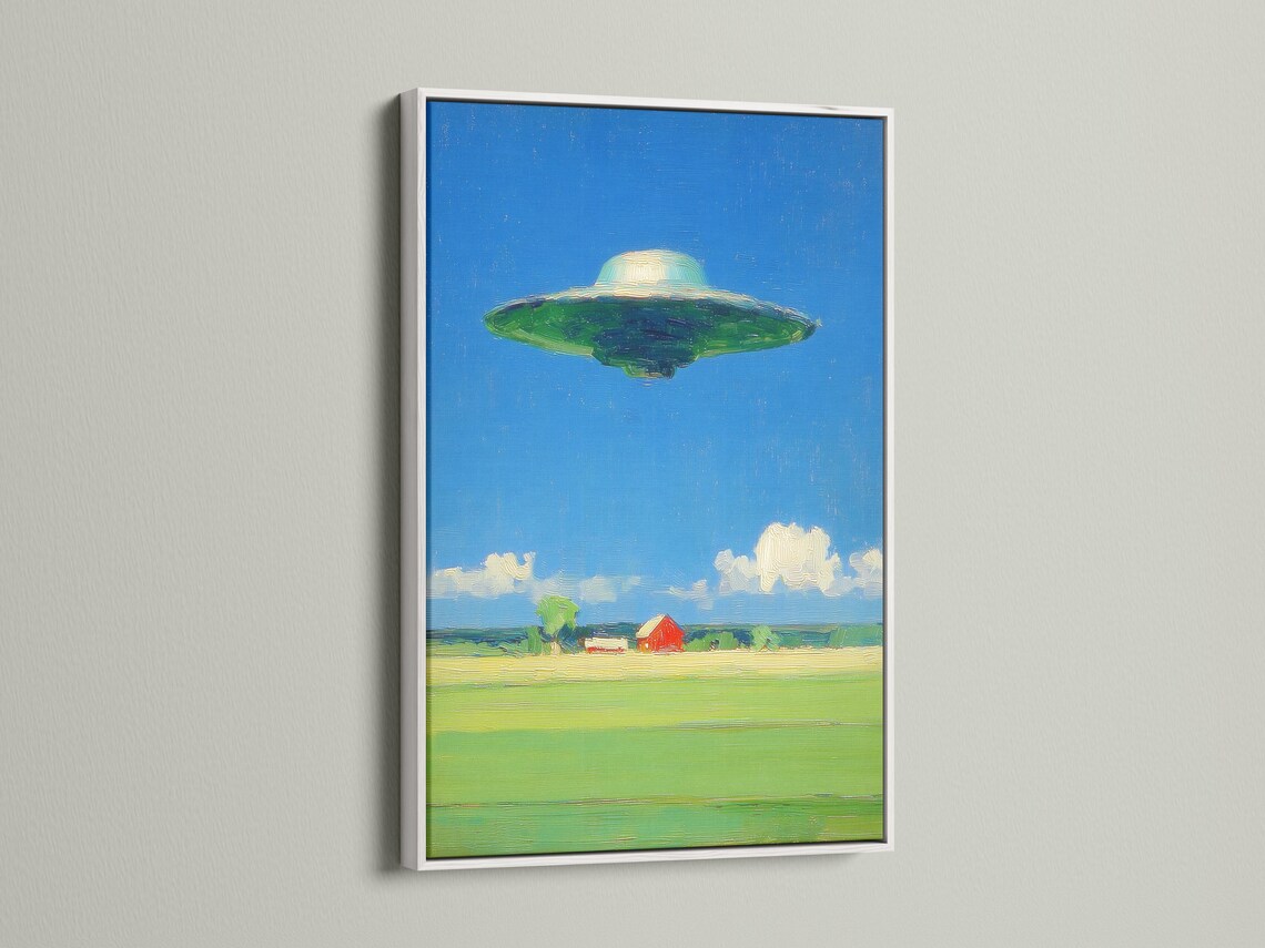 A retro sci‑fi landscape with a green flying saucer above a lime-green field and a red barn detail view