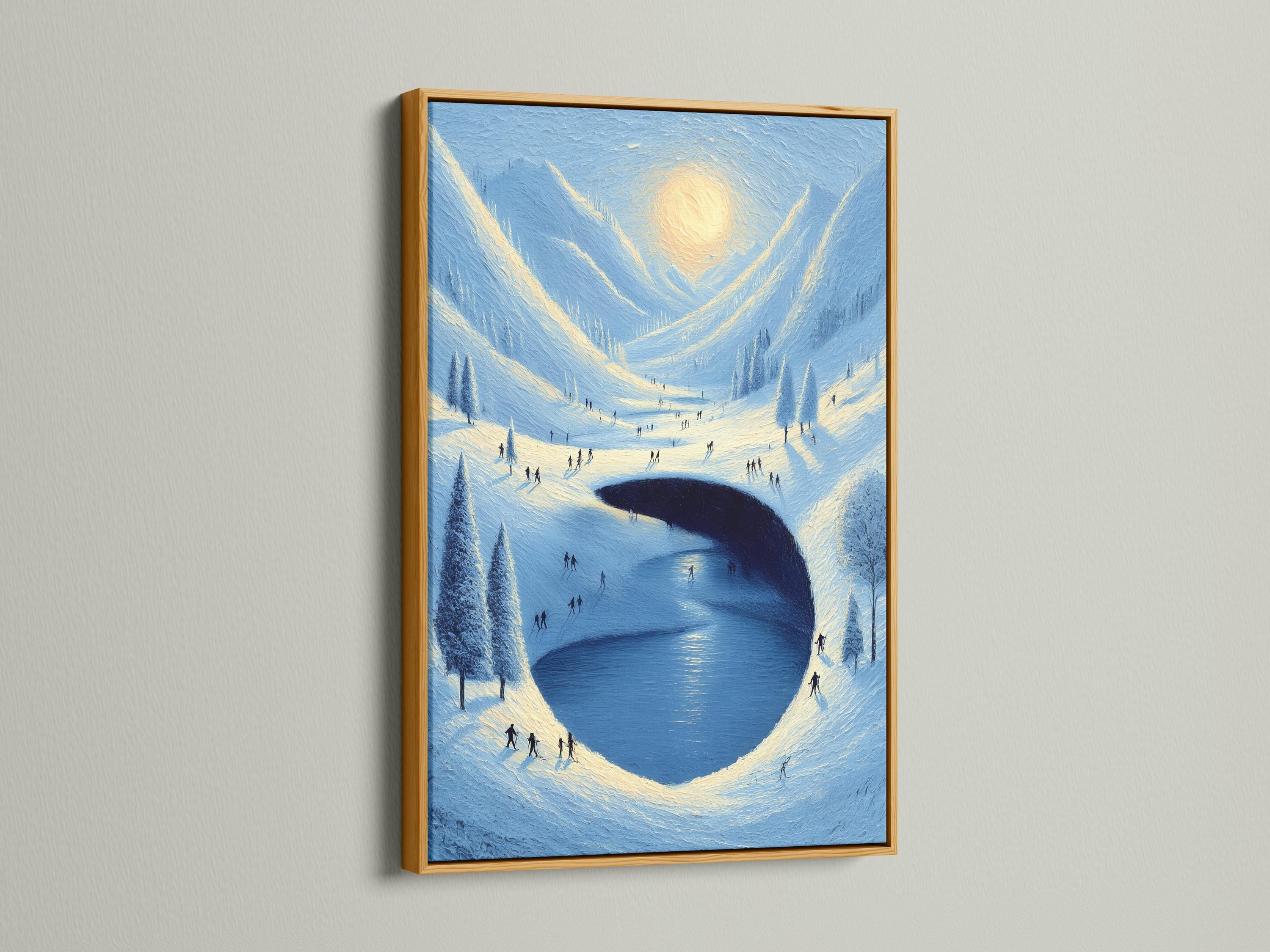 A snowy mountain valley scene surrounds a large dark-blue heart-shaped opening, with small silhouetted people walking across icy slopes under a pale