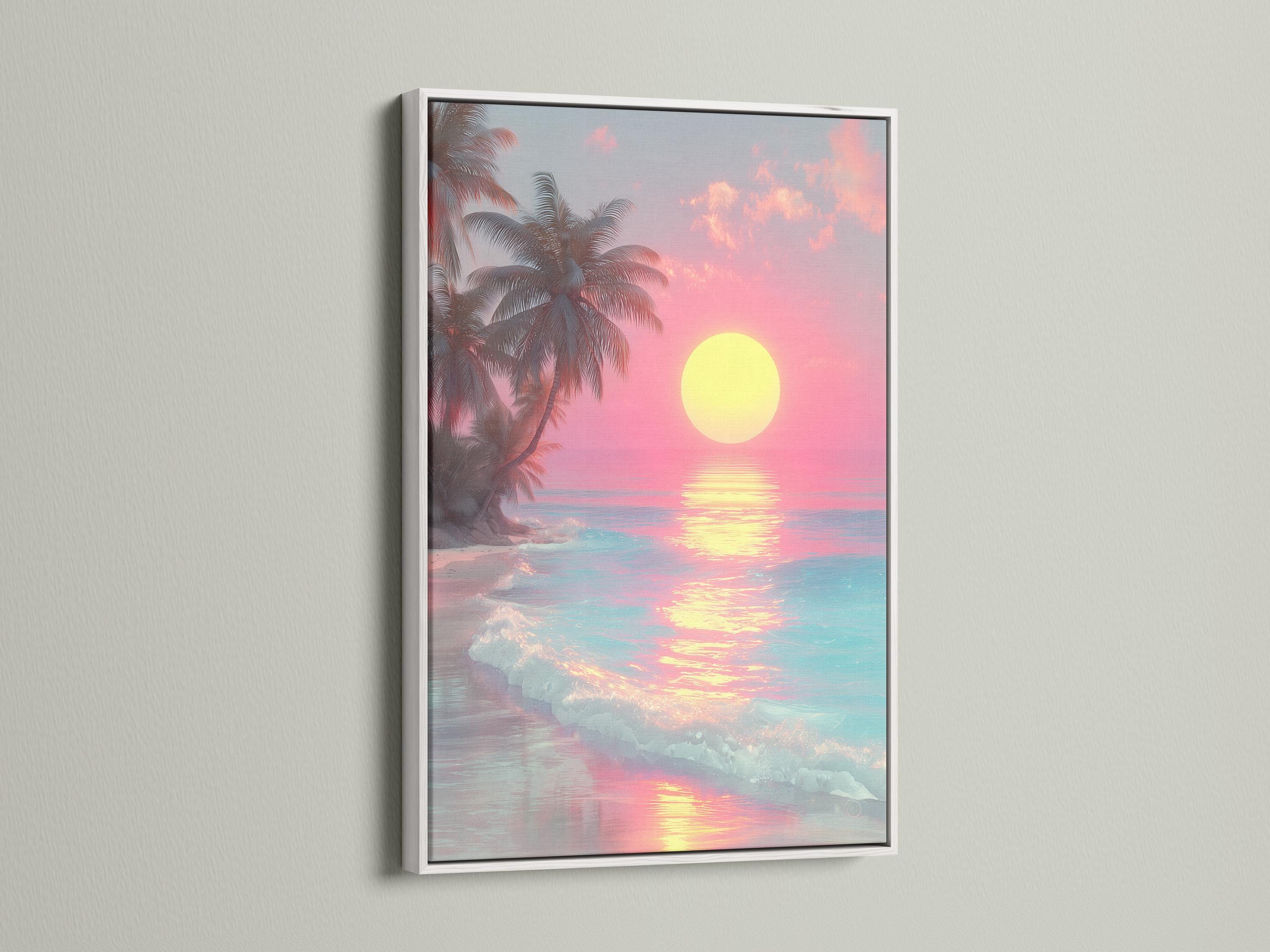 A framed tropical seascape shows a bright yellow sun over pink and turquoise water, with palm silhouettes and glowing reflections detail view