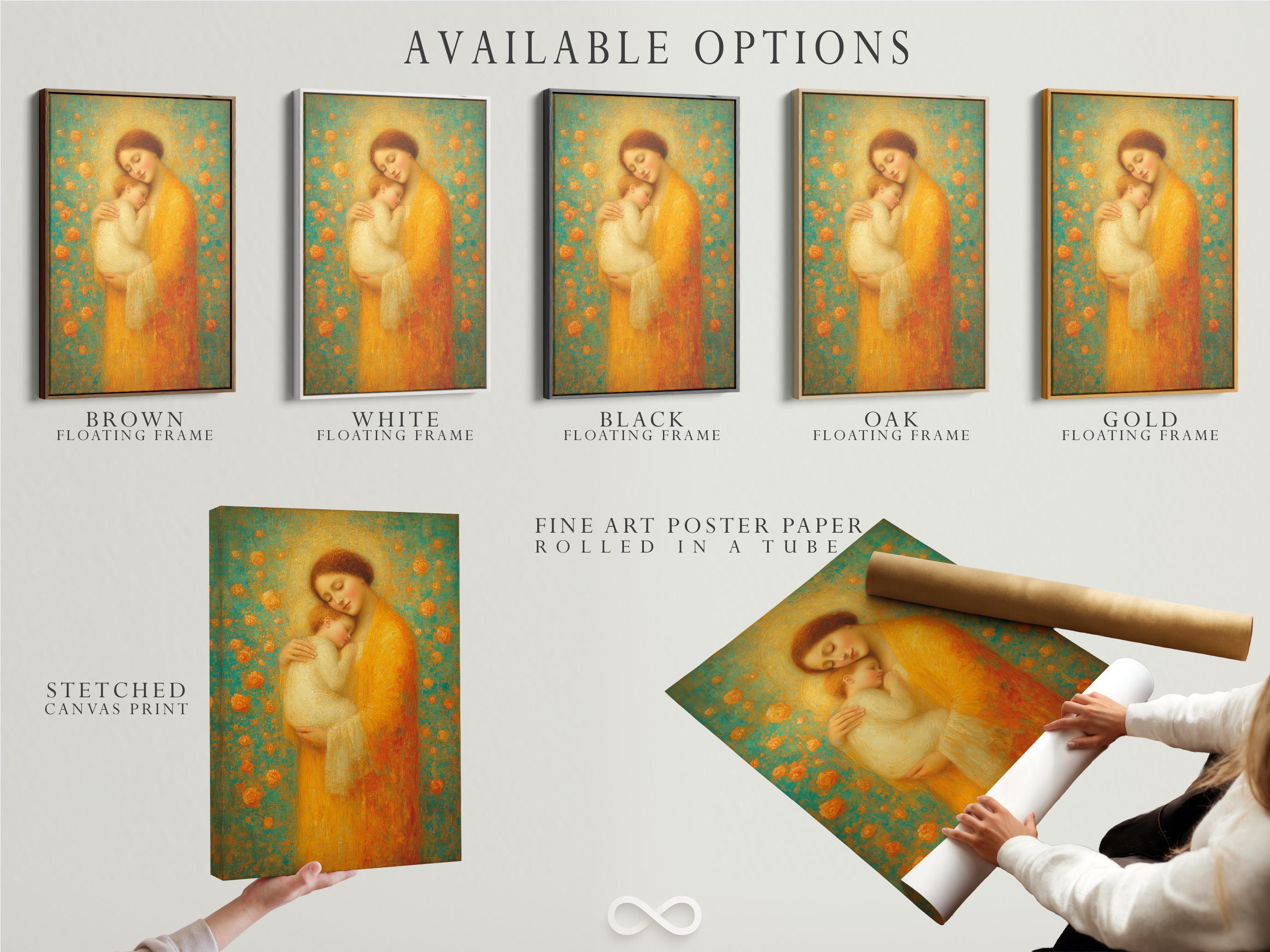 Warm gold mother holding a sleeping baby with halo against a teal patterned background detail view