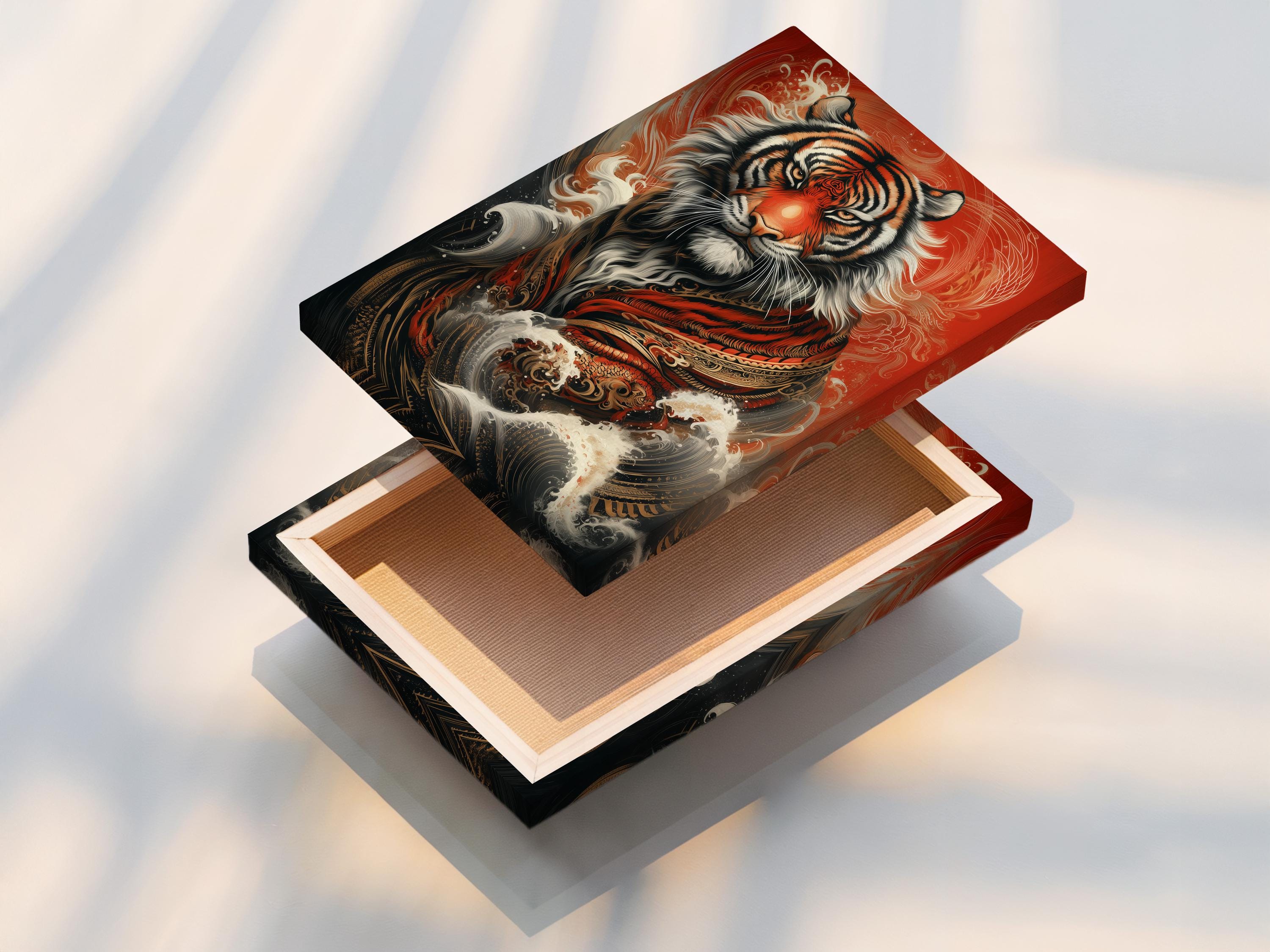 Tiger portrait artwork with red background, swirling wave designs, and gold and white highlights detail view