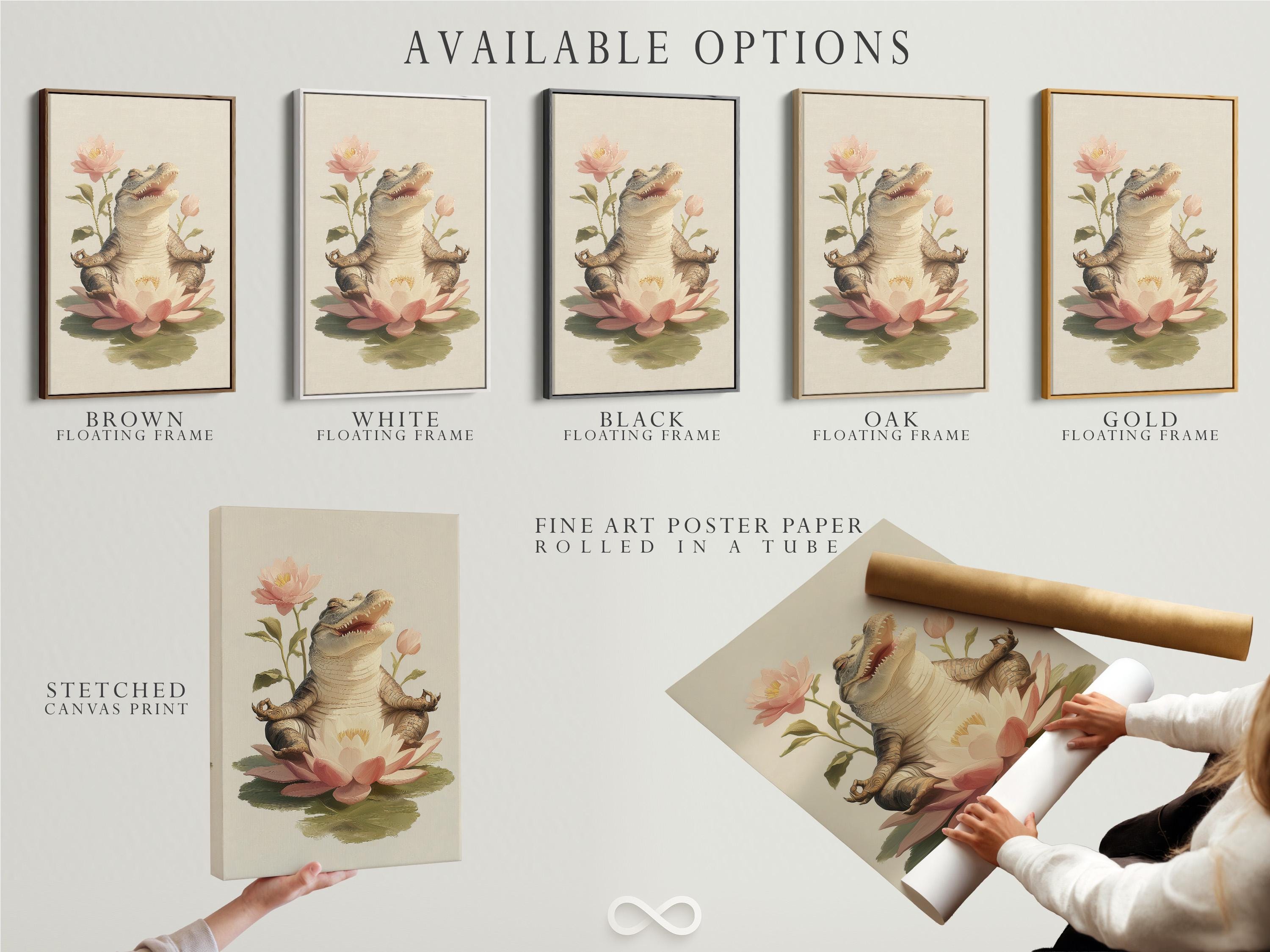 Grey alligator resting on pale pink and cream lotus flowers with green leaves on a light background detail view