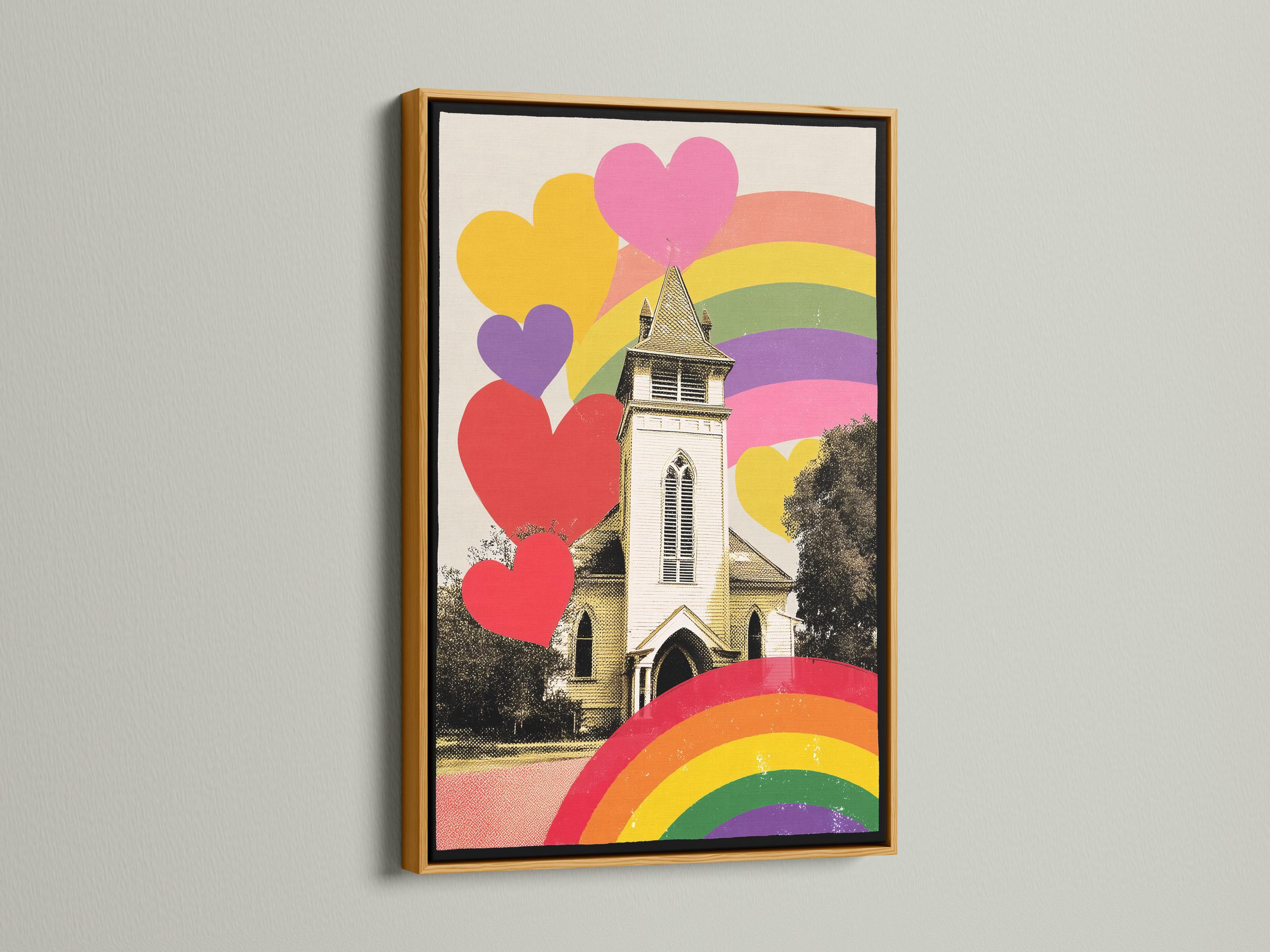 A person holding a mug sitting in a bedroom with a framed rainbow hearts church artwork on the wall
