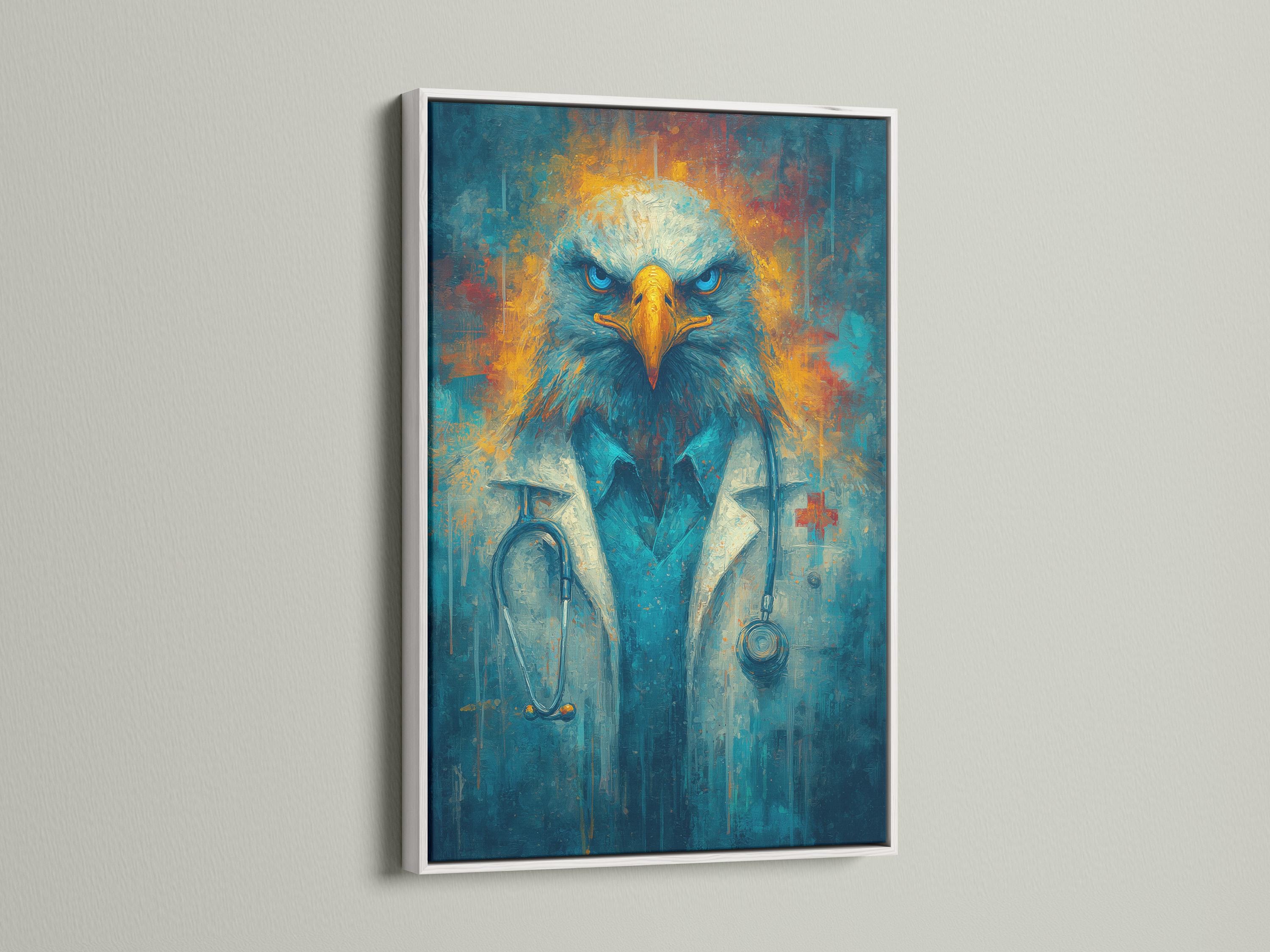 Stylised eagle portrait with vivid blue eyes and gold beak on a textured teal background detail view