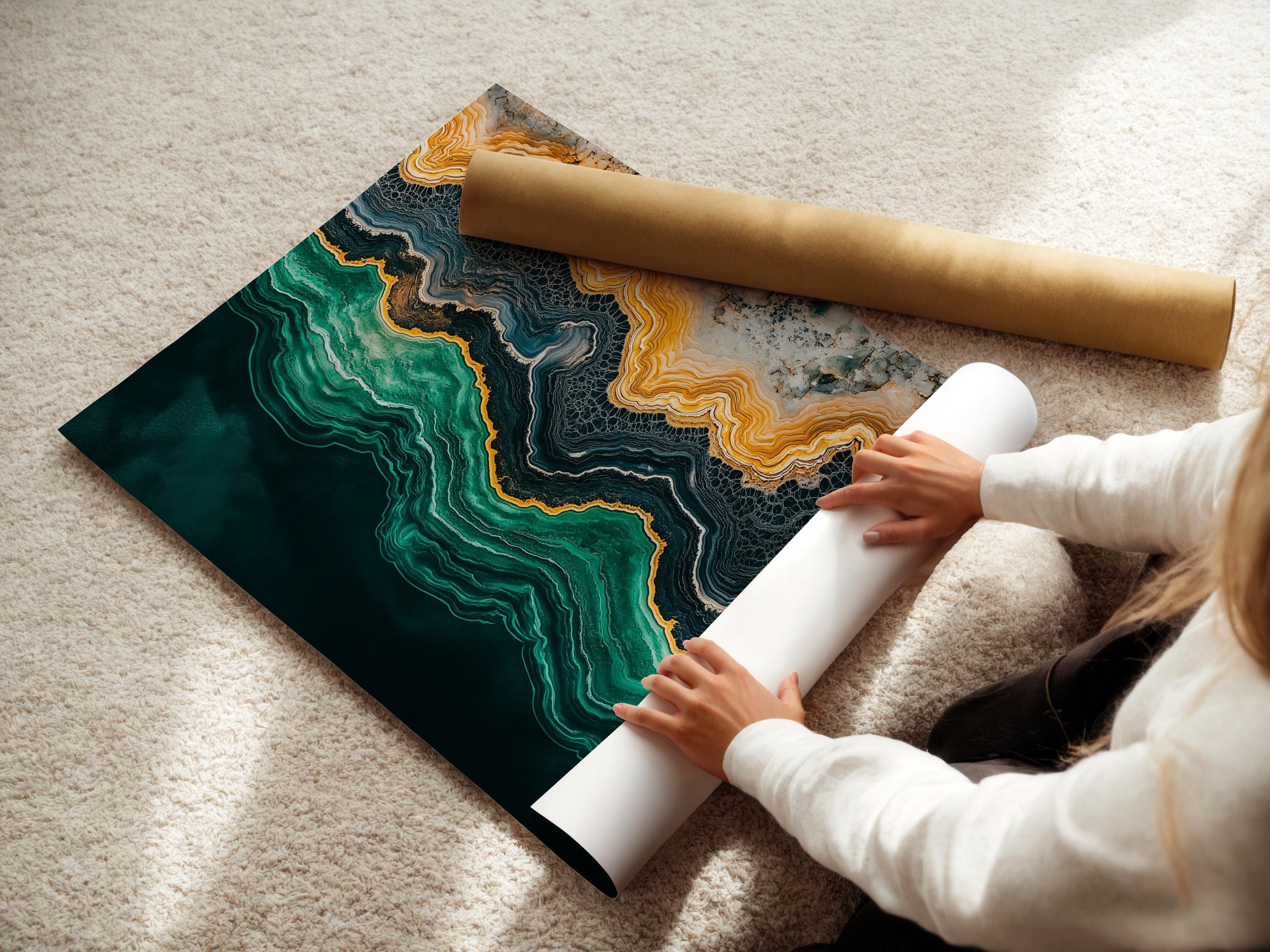Office room mockup featuring a teal and gold abstract agate-style artwork on a wall