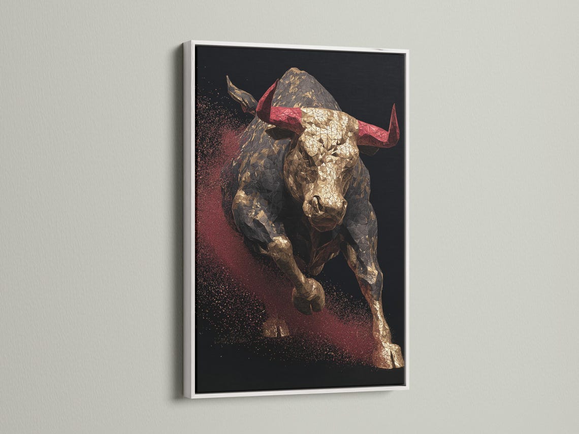 Geometric bull artwork with metallic gold facets and deep red speckles on a dark background detail view