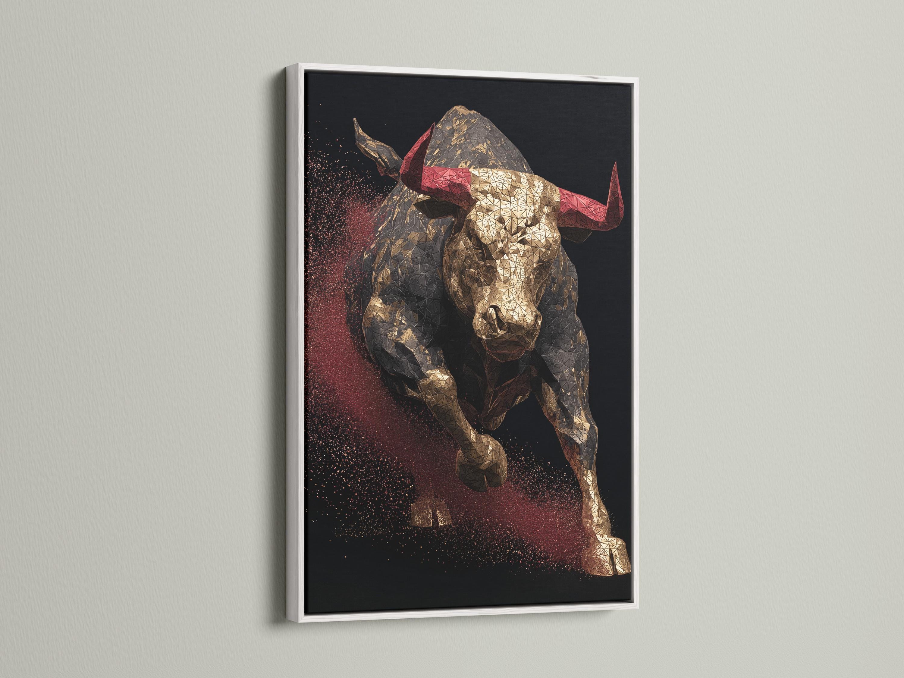 Geometric bull artwork with metallic gold facets and deep red speckles on a dark background detail view