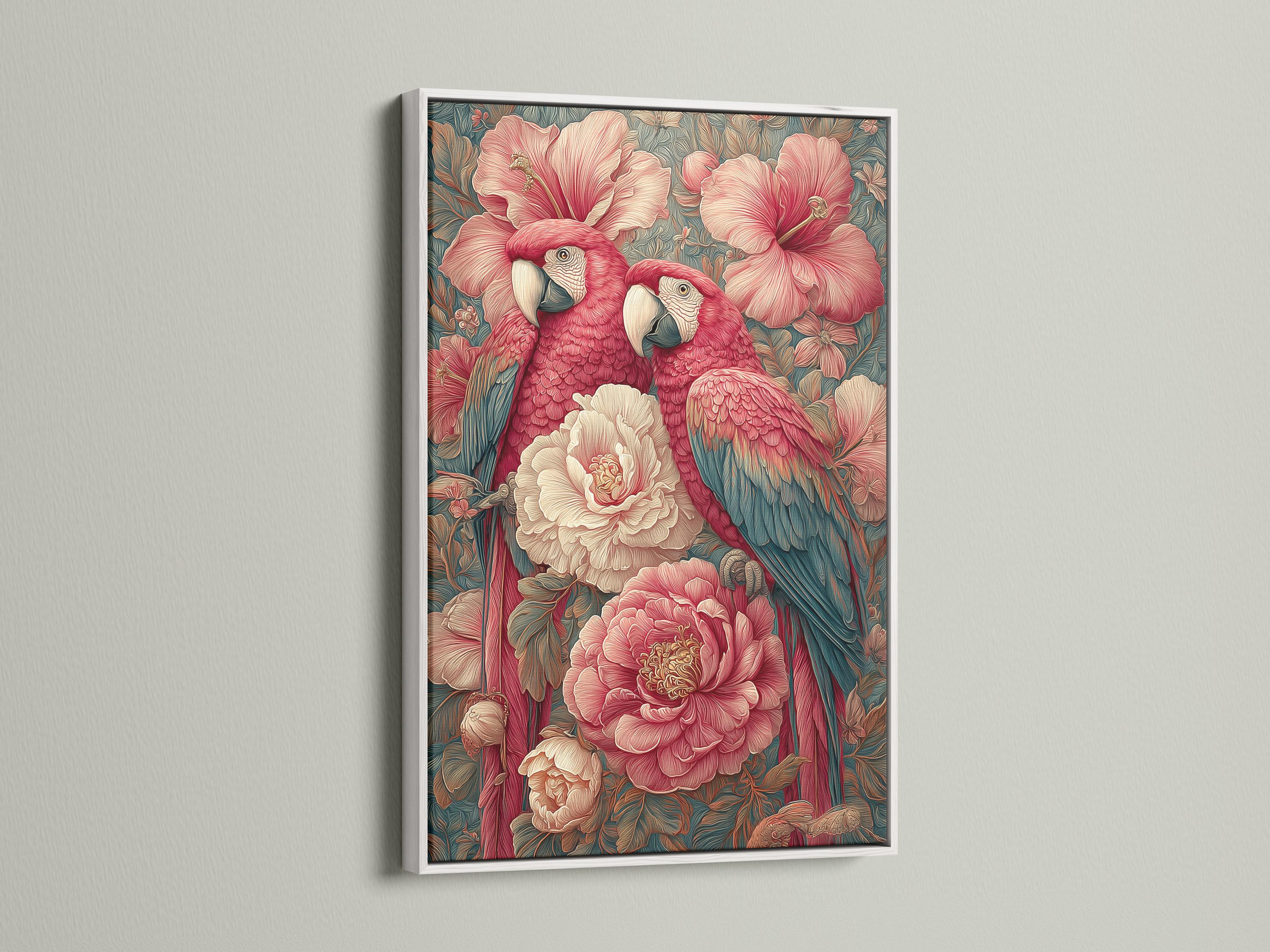 Two red parrots with pale beaks perched among pink and cream flowers and teal foliage detail view