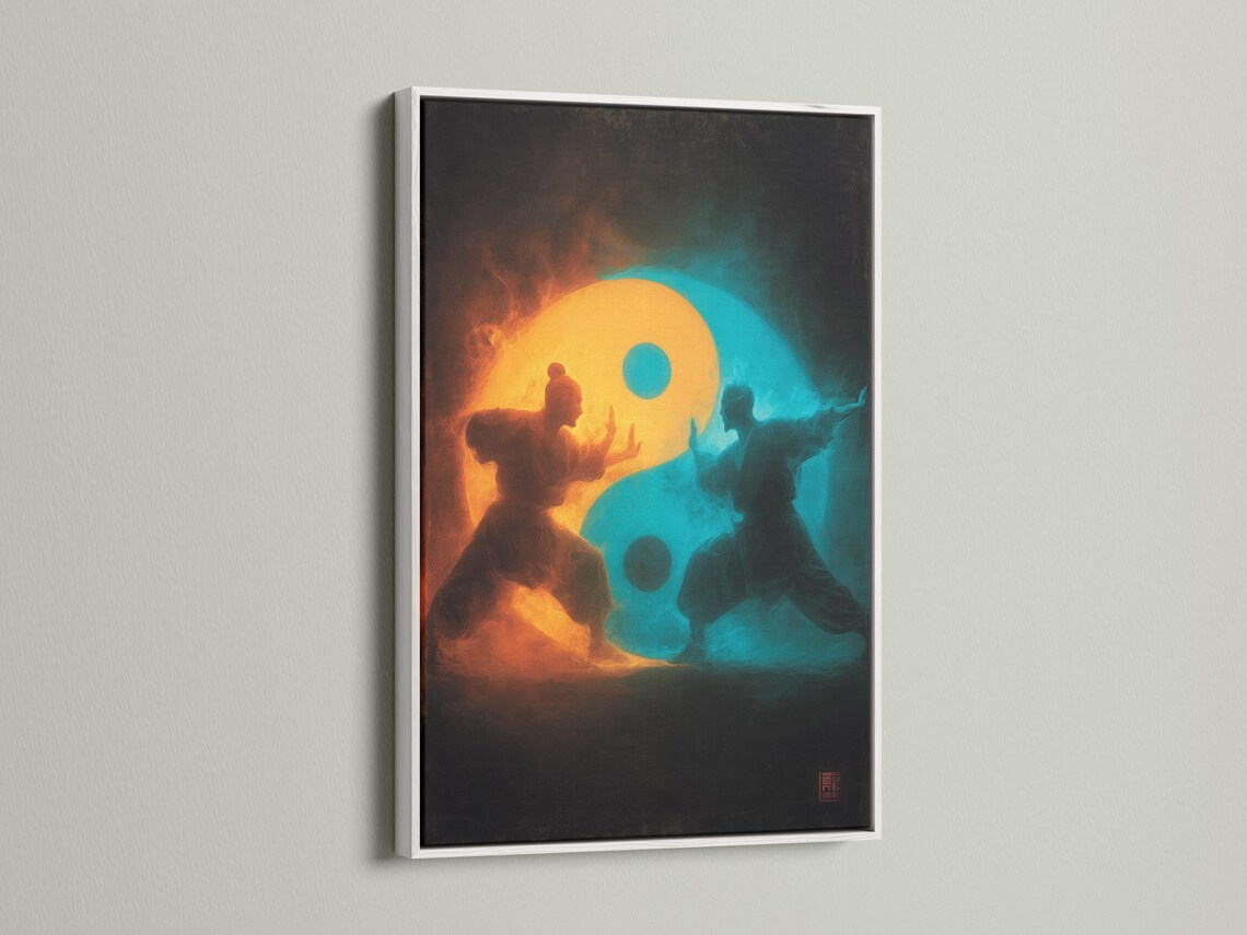 A dark painterly martial-arts figure stands in silhouette within a glowing yin-yang inspired split of orange and teal mist detail view