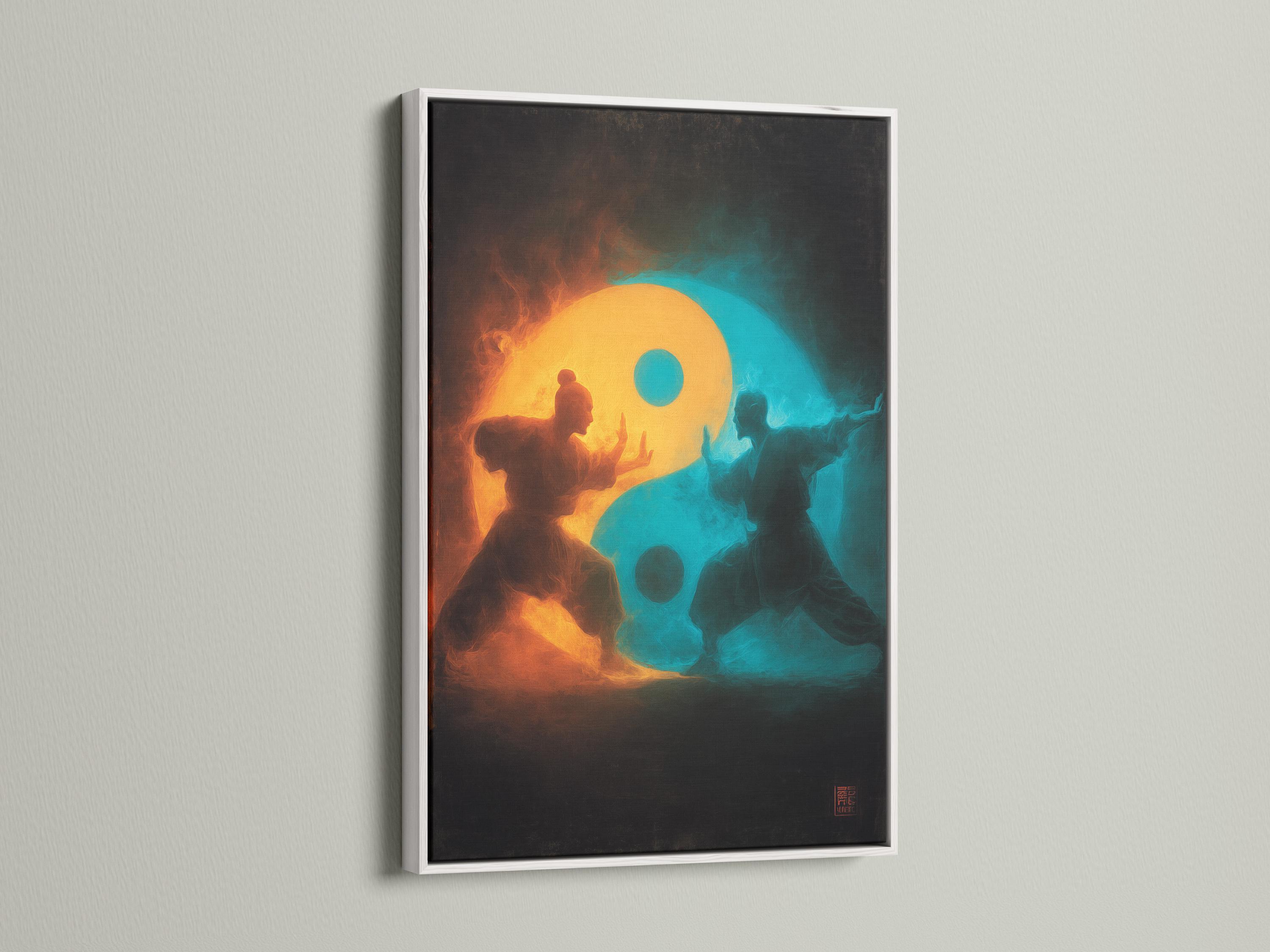 A dark painterly martial-arts figure stands in silhouette within a glowing yin-yang inspired split of orange and teal mist detail view