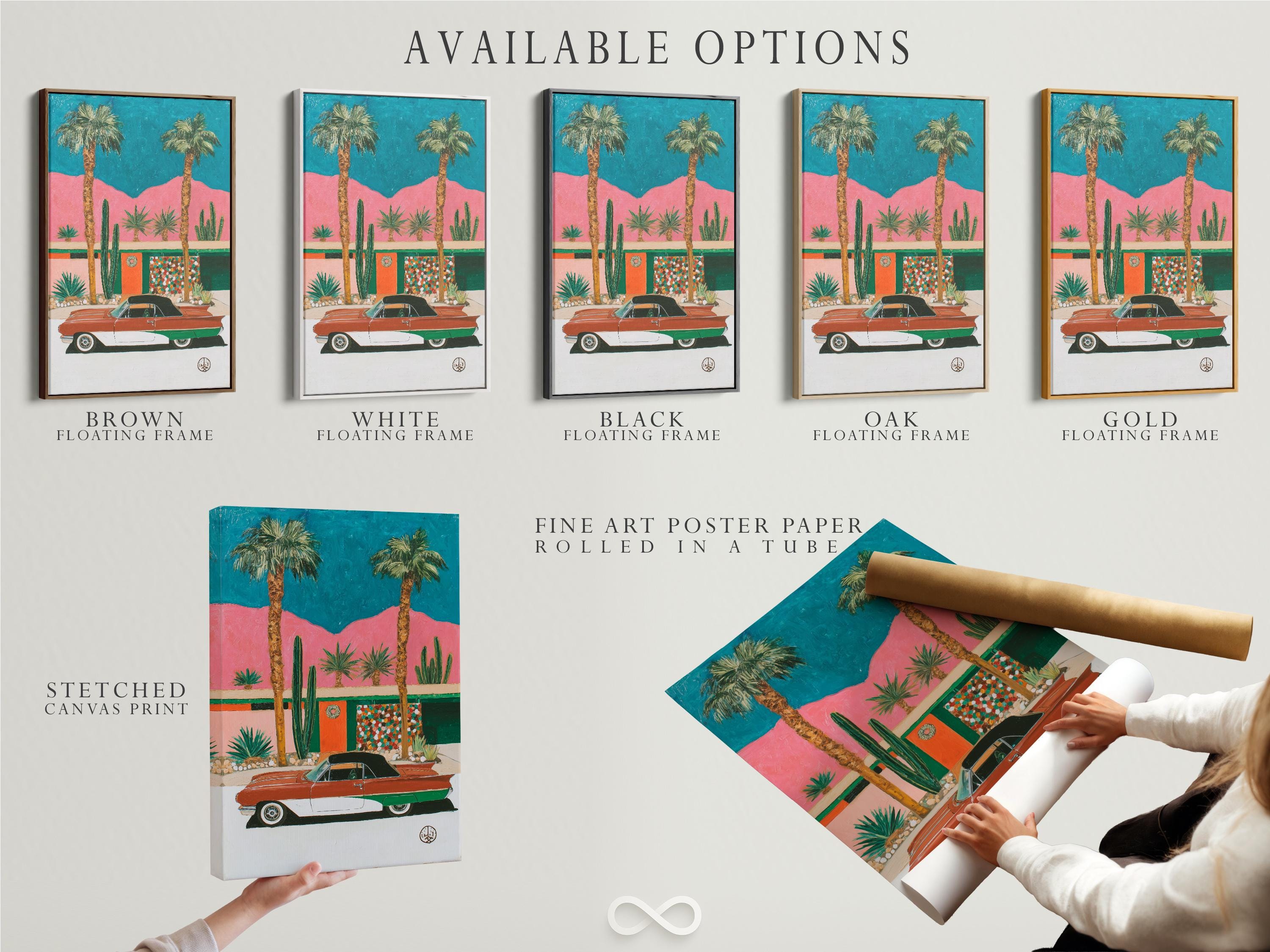 Retro car in a desert scene with palm trees, cacti, and teal and pink background detail view