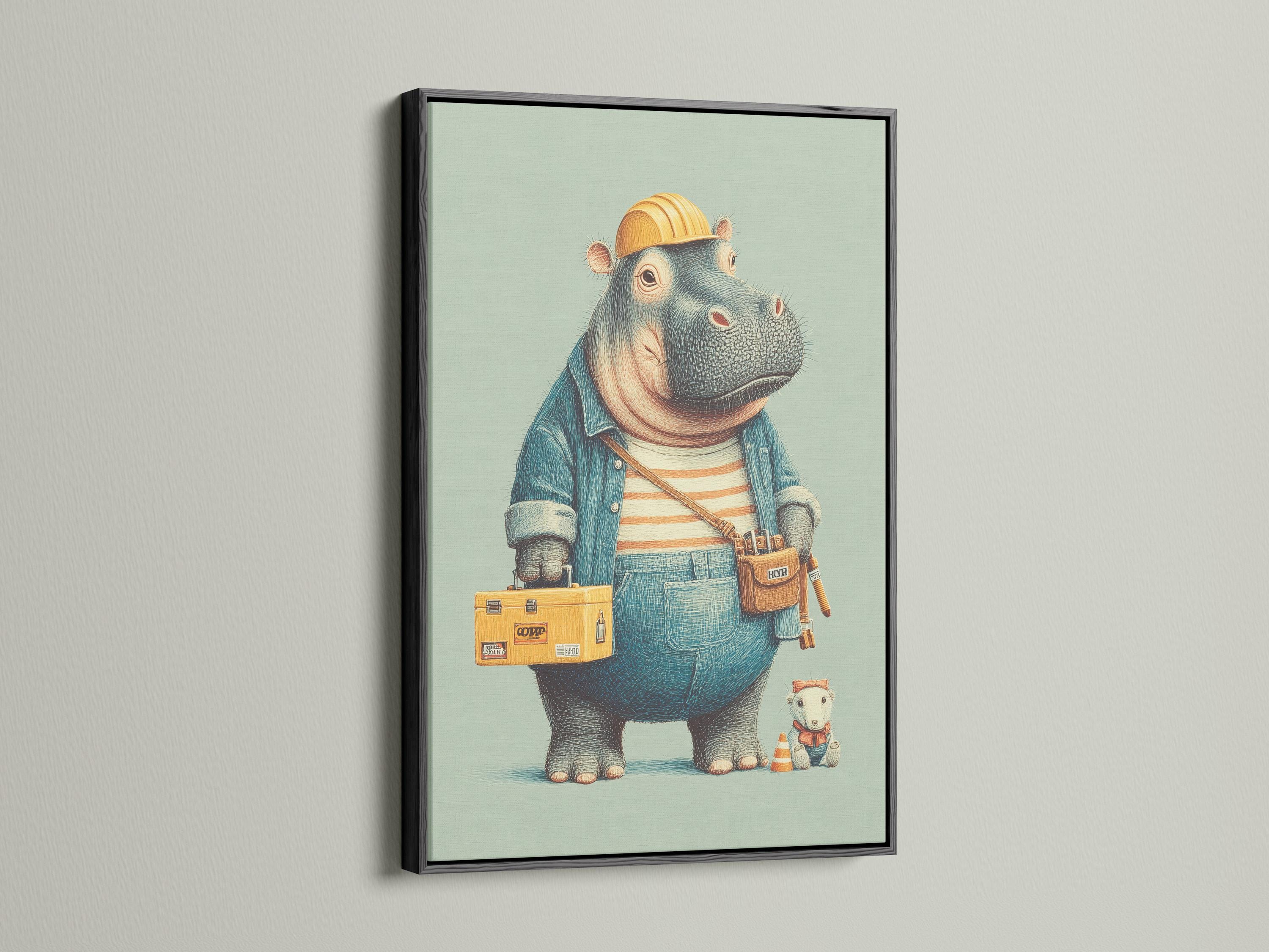 A family sitting on a bed looking at a framed hippo builder artwork above a shelf